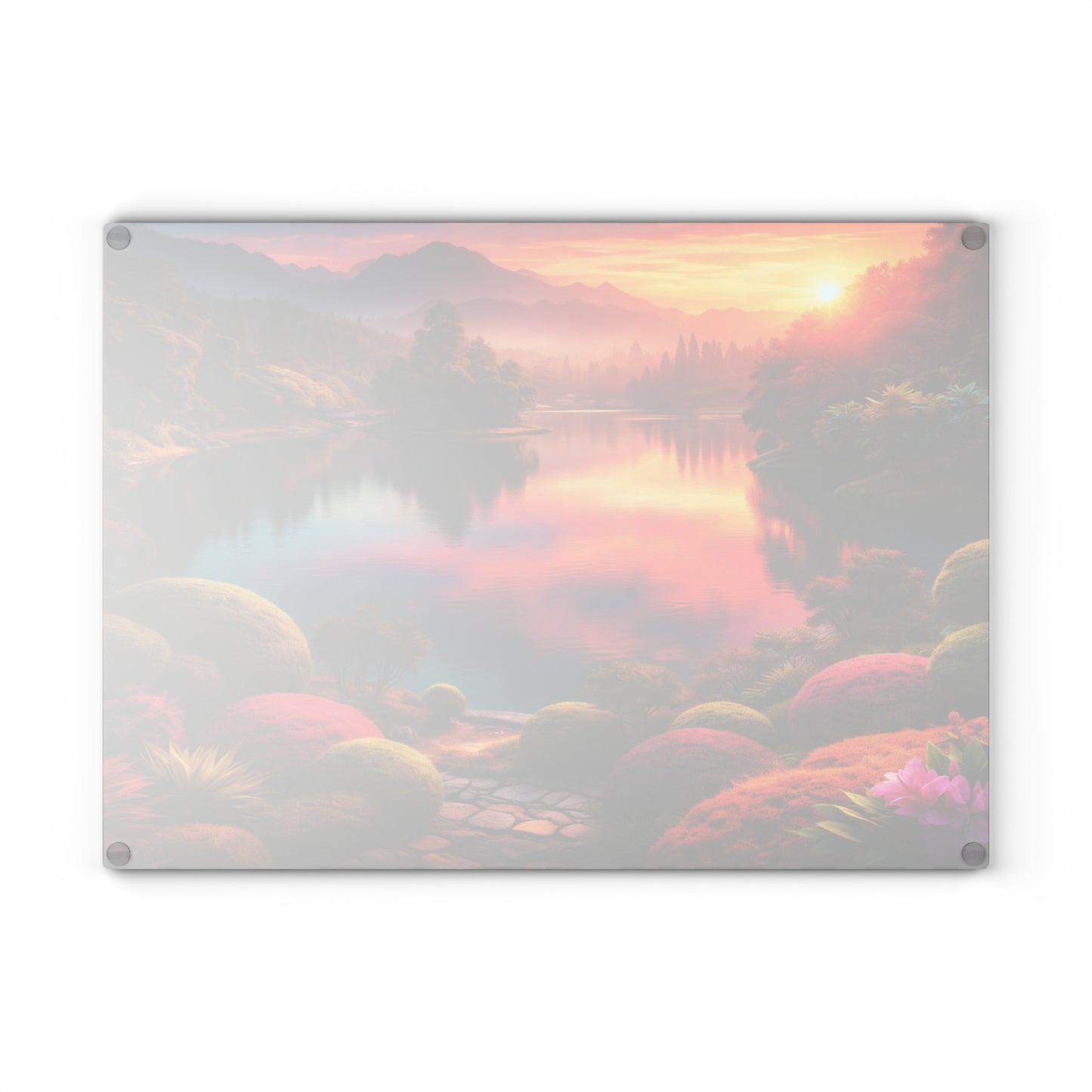 Sunset Garden Lake Glass Cutting Board – Vibrant Nature Landscape Kitchen Art