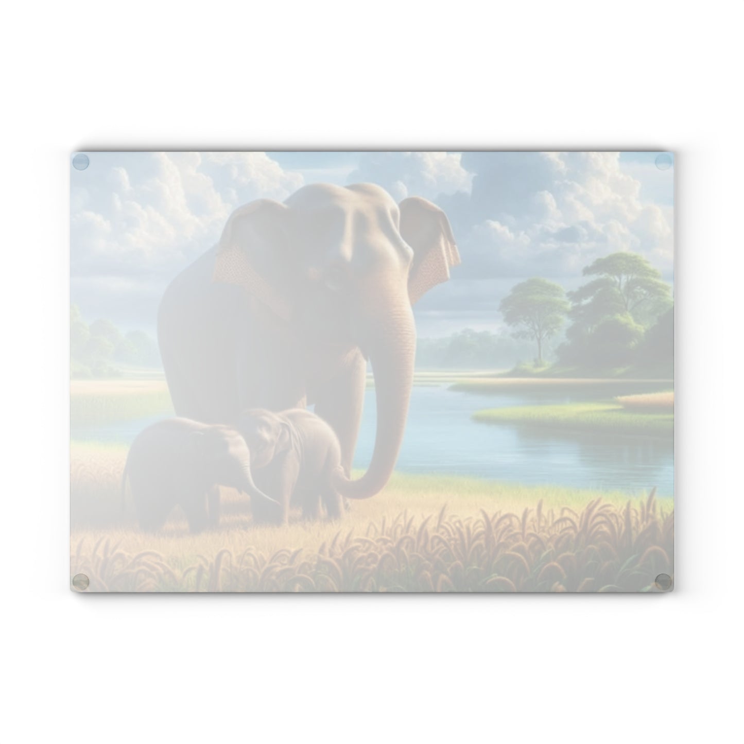 Mama Elephant and Babies Glass Cutting Board – Nature-Inspired Wildlife Kitchen Decor