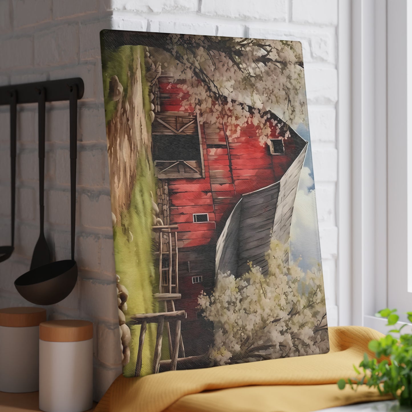 🌸🚜 Rustic Red Barn Blossom Cutting Board – Farmhouse Charm for Your Kitchen 🌾🐓