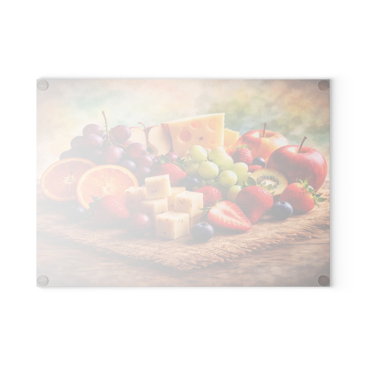 Farmhouse Fruit and Cheese Still Life Glass Cutting Board – Rustic Kitchen Art with Vibrant Harvest Colors