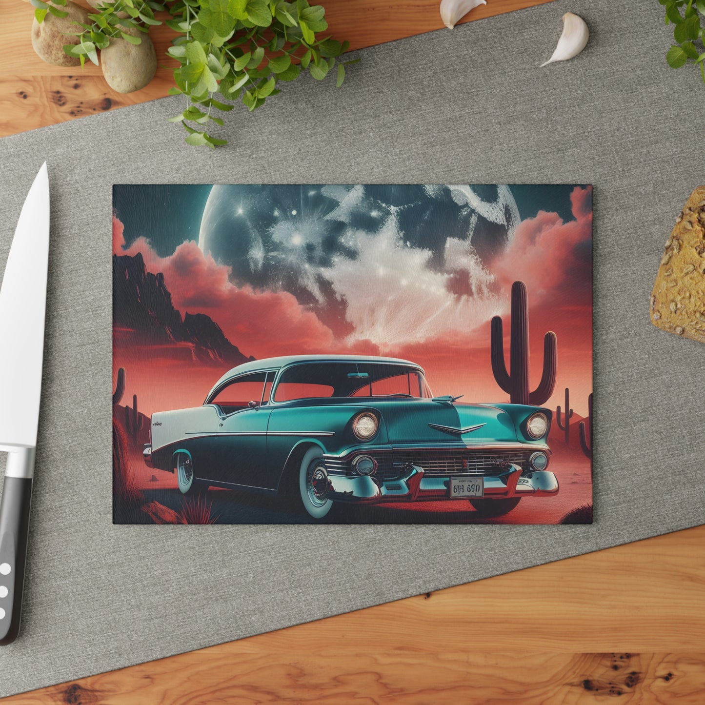 🌵 Retro Desert Night Car Cutting Board – Vintage Vibes for Your Kitchen 🚗