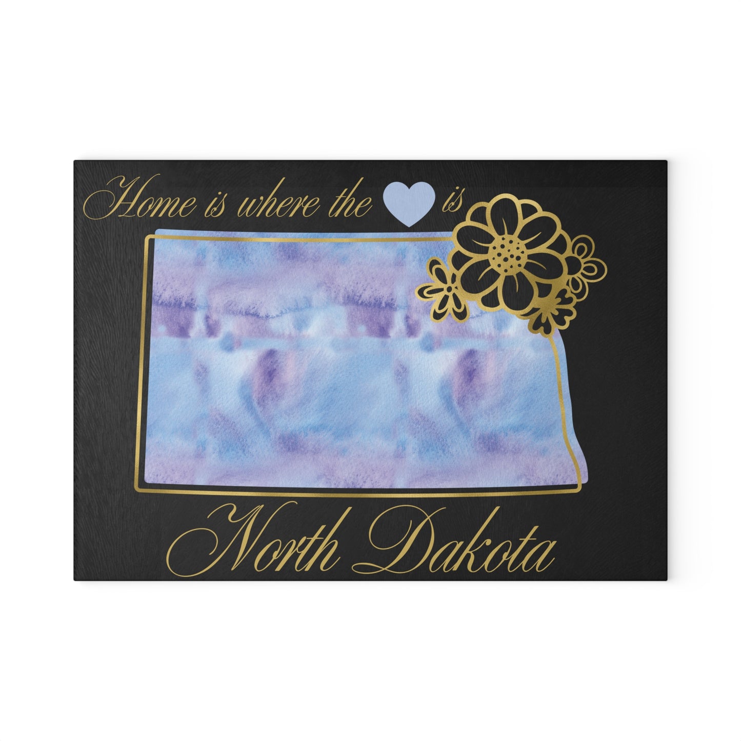 💙 North Dakota State Cutting Board – Soothing Blues with Prairie Heart Charm