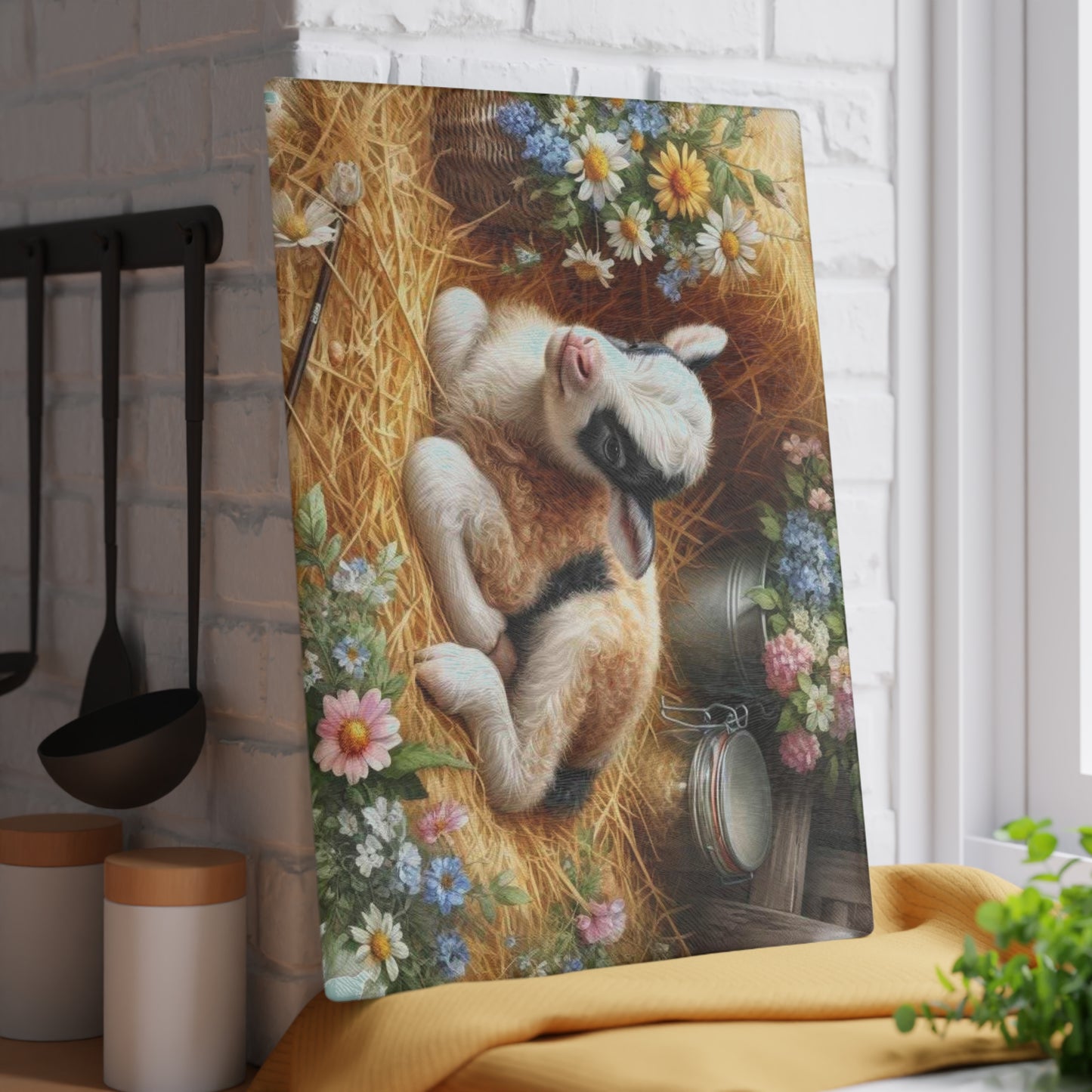 🐐🌸 Baby Goat in the Hayloft Glass Cutting Board – Rustic Farm Charm for Your Kitchen 🌾