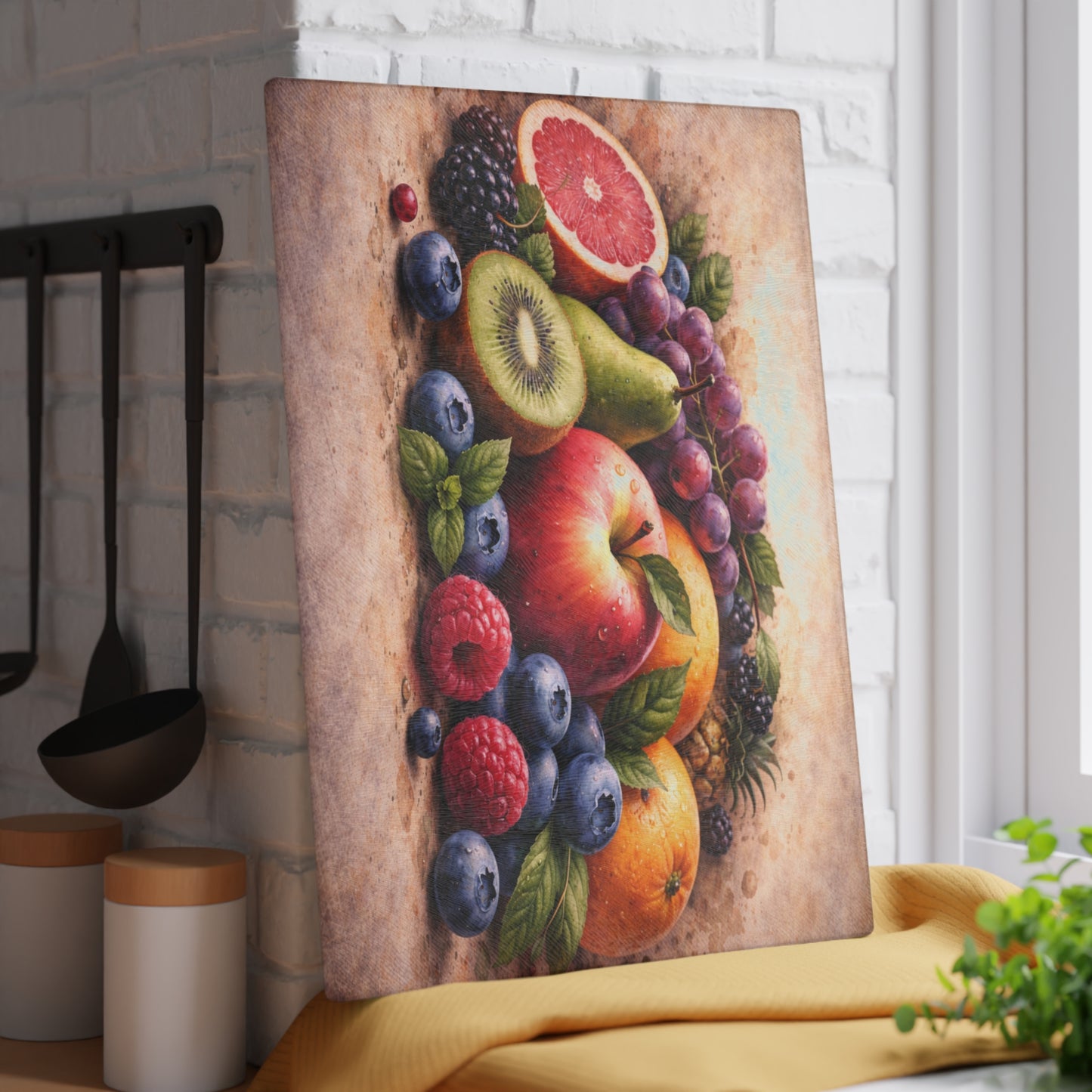 Classic Orchard Still Life Glass Cutting Board – Fruit Market Kitchen Accent