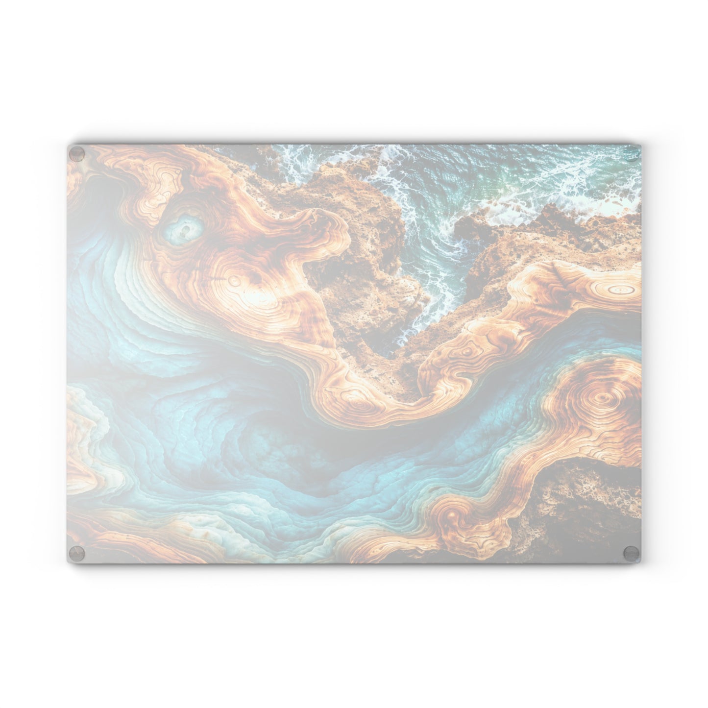 Coastal Ocean Resin-Style Abstract Glass Cutting Board – Turquoise Shoreline Artwork