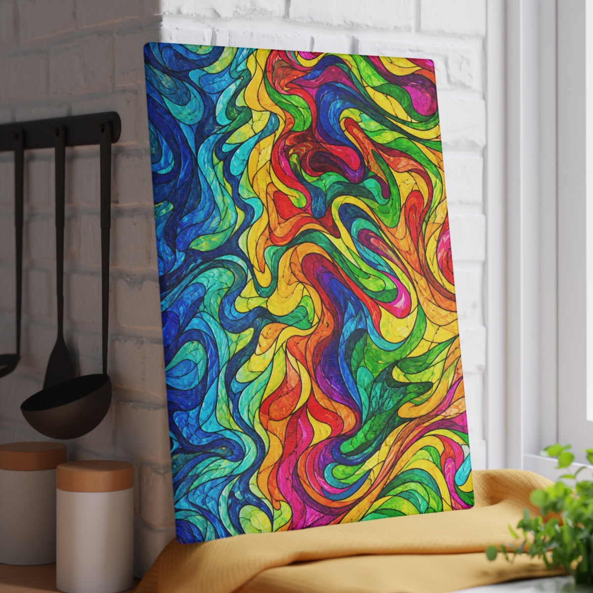 Rainbow Swirl Stained-Glass-Inspired Glass Cutting Board – Colorful Abstract Kitchen Decor