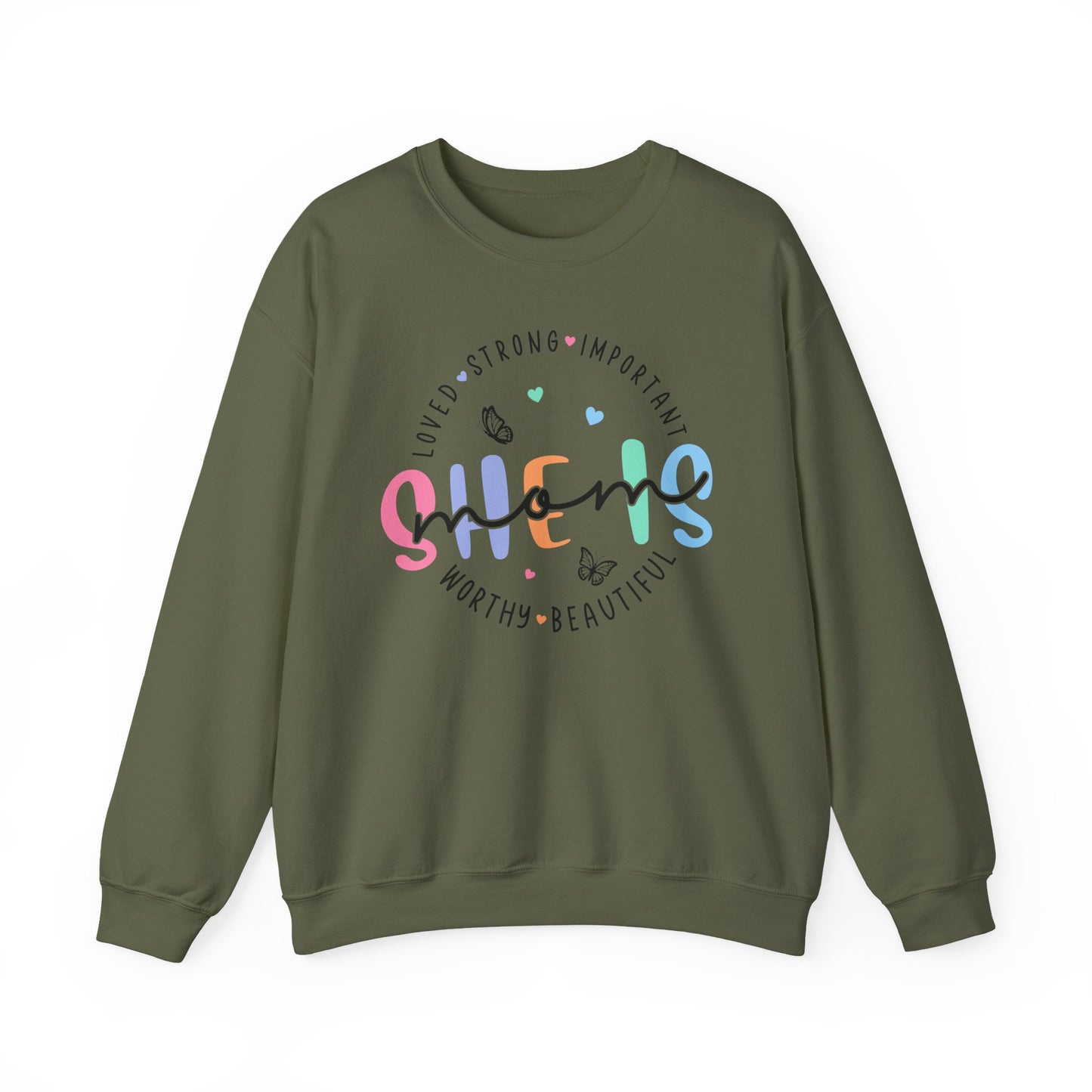 🌸✨ She Is Mom Sweatshirt – Strong, Loved, Beautiful & Worthy 🦋💖