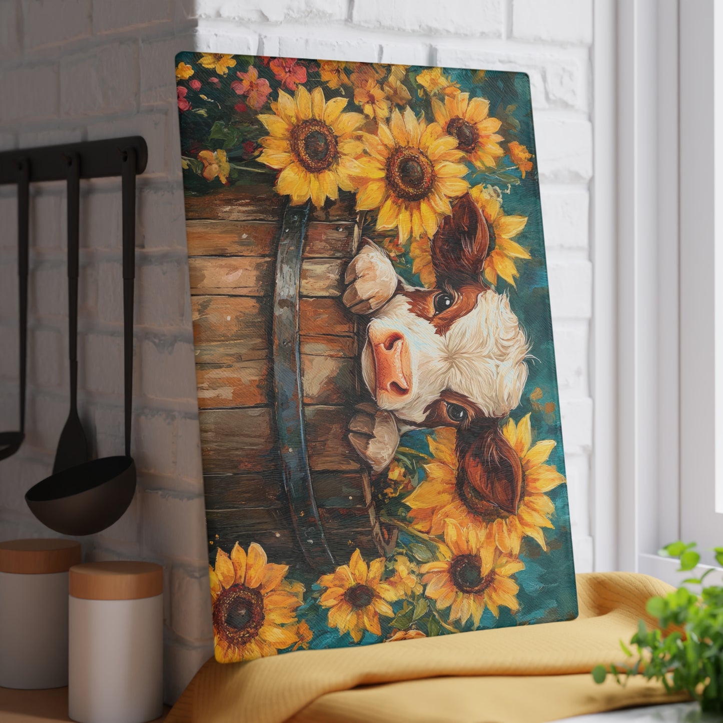 🌻🐄 Rustic Sunflower Calf Cutting Board – Country Charm Meets Timeless Elegance 🌾✨