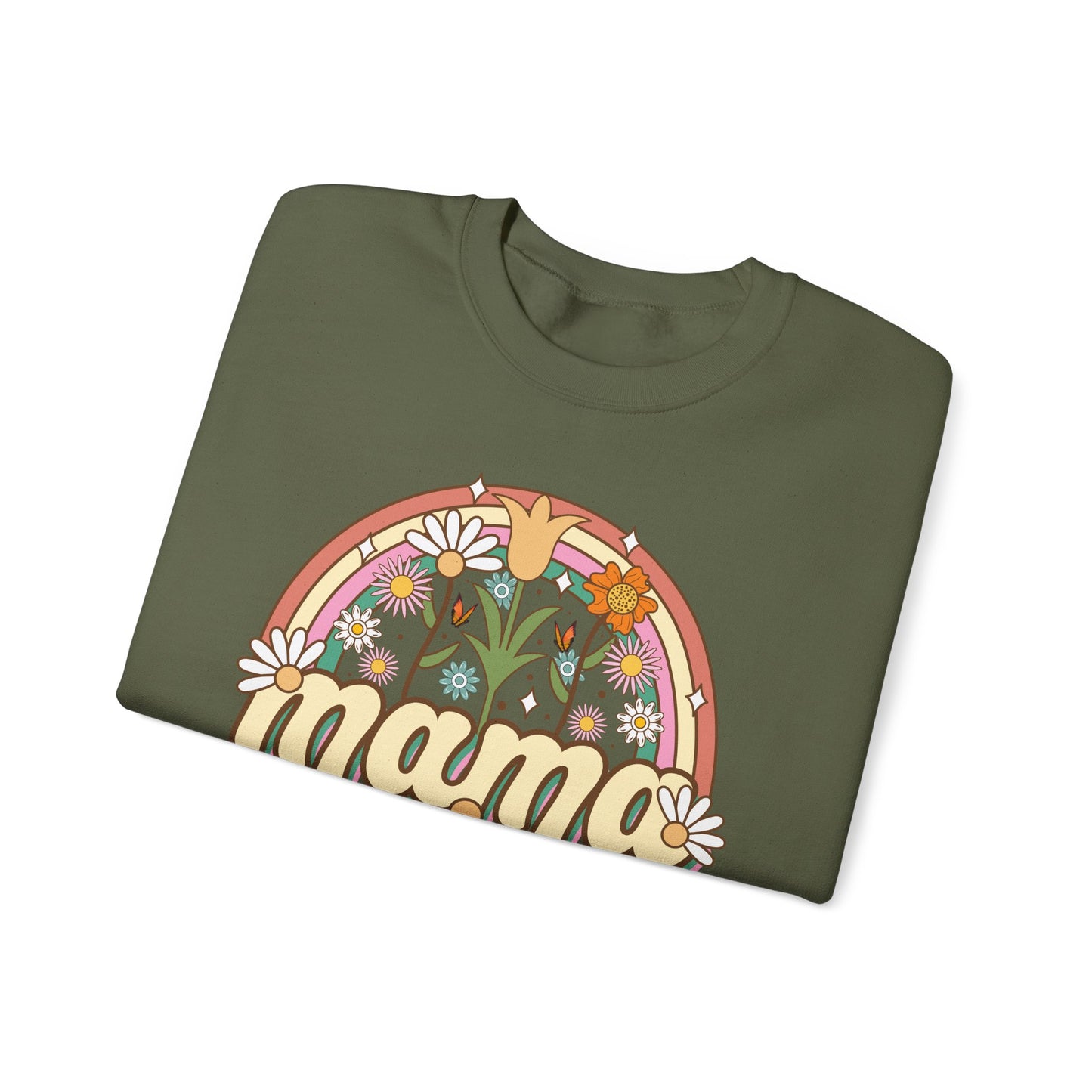 🌼🌈 Retro Floral Mama Sweatshirt – Vintage Rainbow Daisy Mom Crewneck