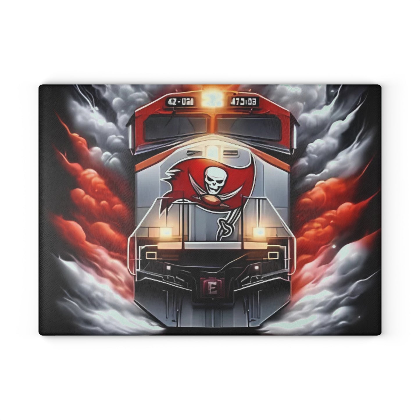 Tabla de cortar de vidrio Express roja y negra: arte de trenes de potencia del desierto para cocinas audaces