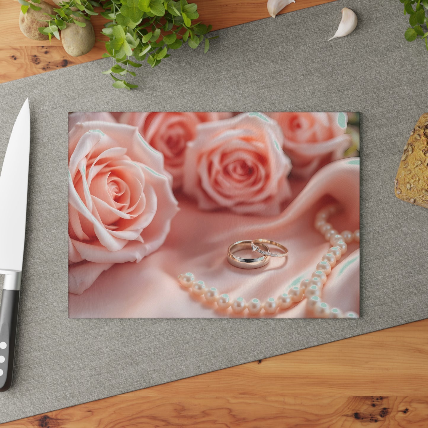 💍 Elegant Wedding Rings Cutting Board – Romance, Roses & Timeless Charm