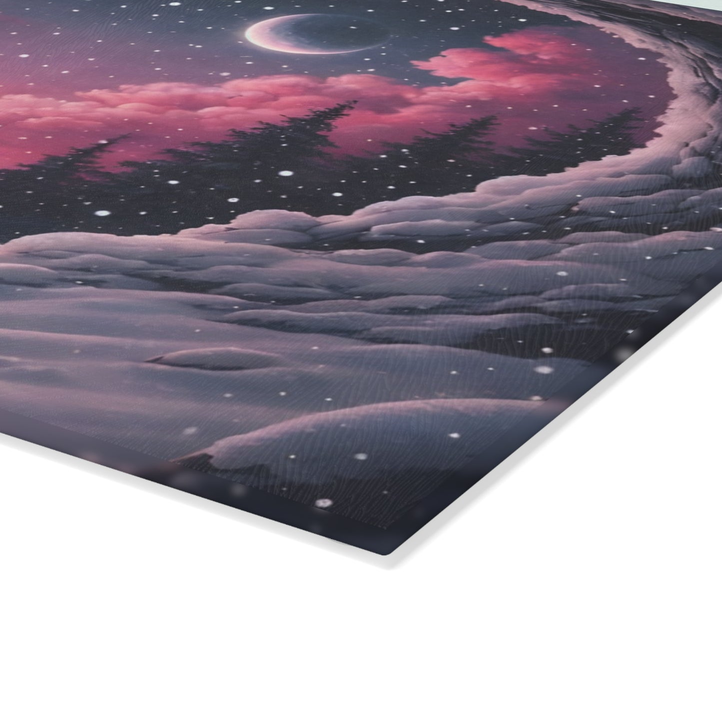 Winter Heartscape Glass Cutting Board – Dreamy Snowy Landscape Kitchen Display