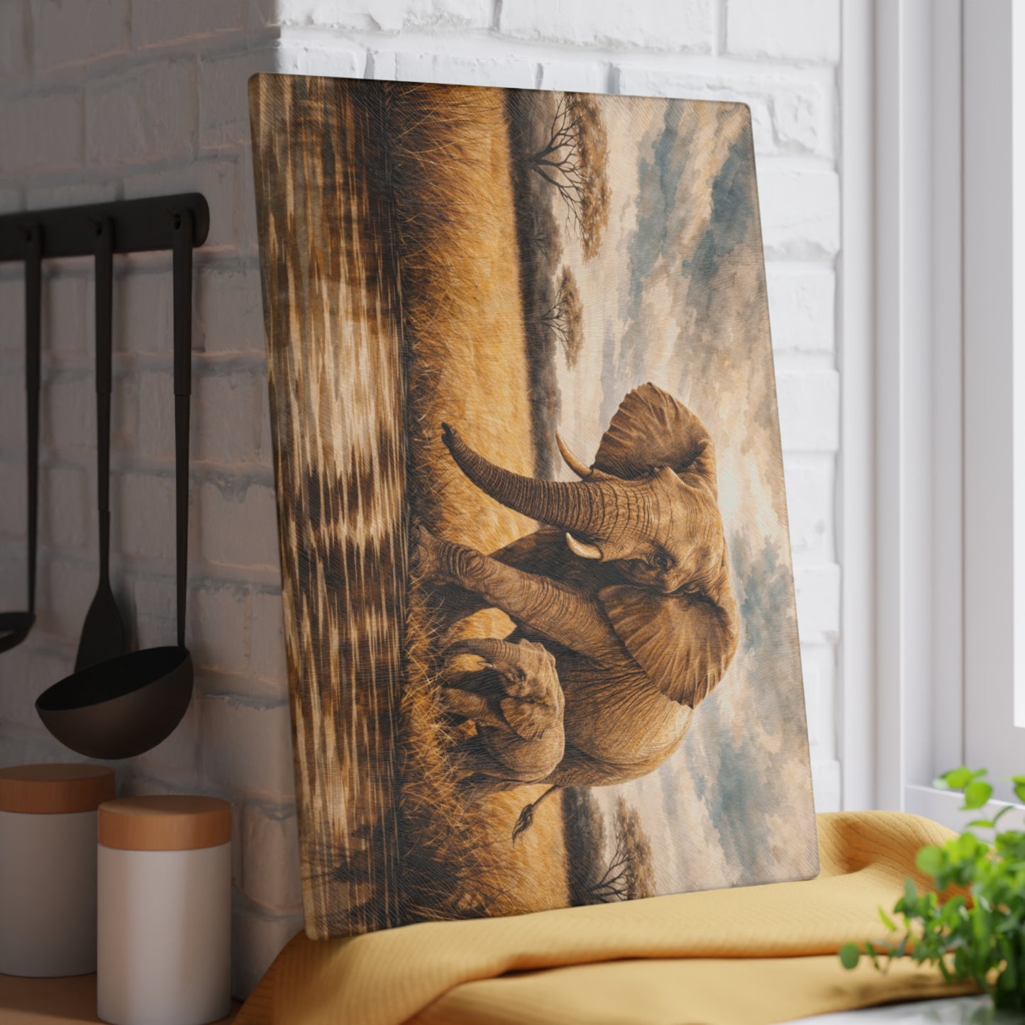 Safari Elephant and Calf Glass Cutting Board – African Wildlife Savanna Artwork