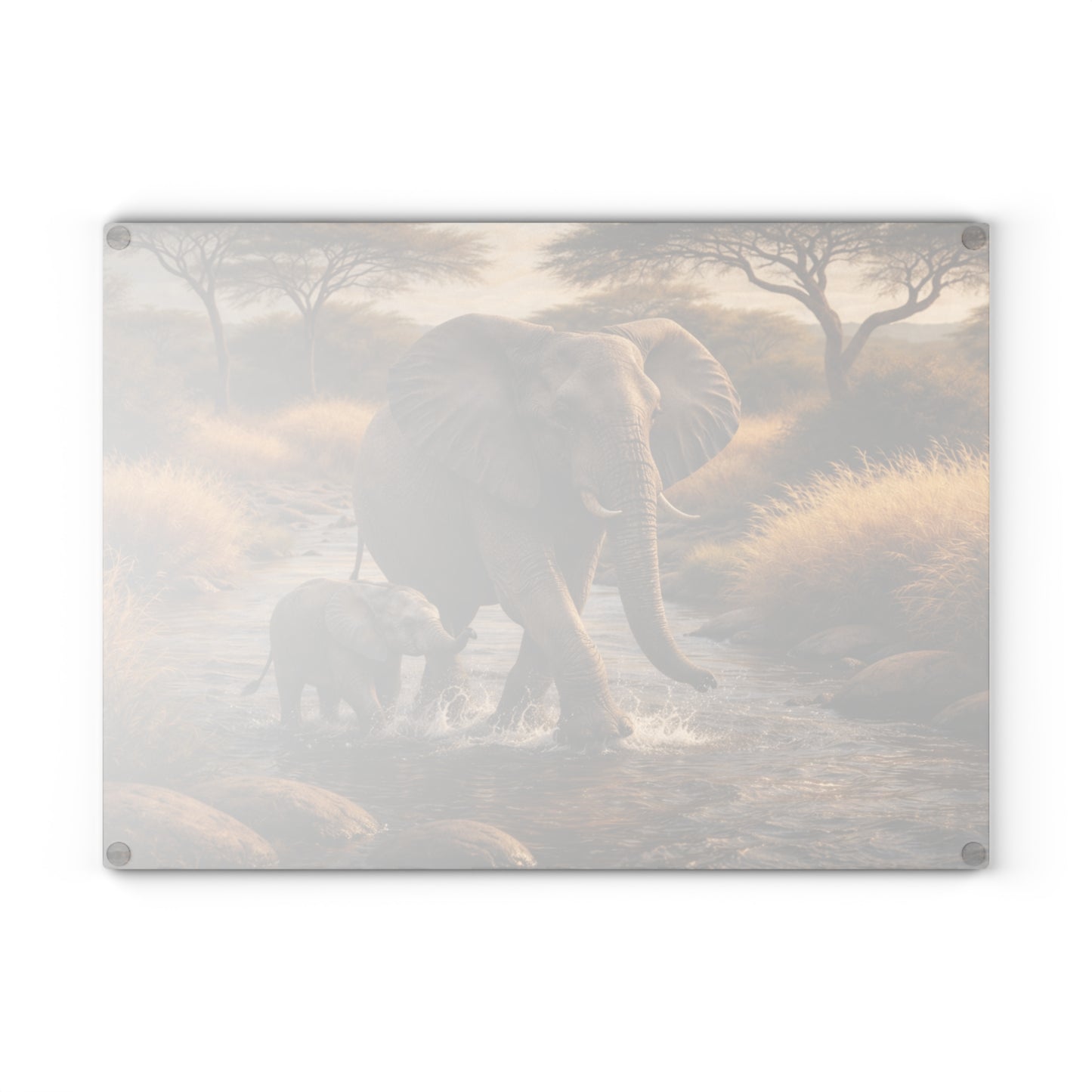 Elephant and Calf River Crossing Glass Cutting Board – Peaceful Wildlife Nature Kitchen Art