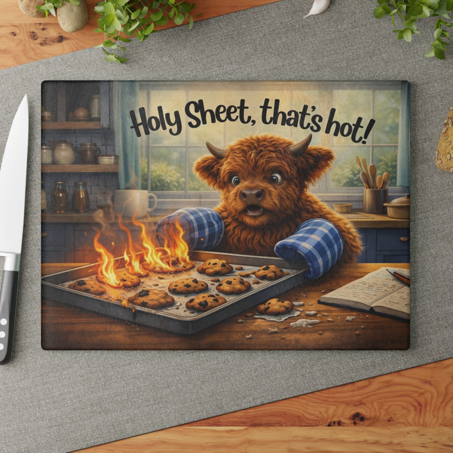 Holy Sheet, That’s Hot! Glass Cutting Board – Funny Highland Cow Baking Art