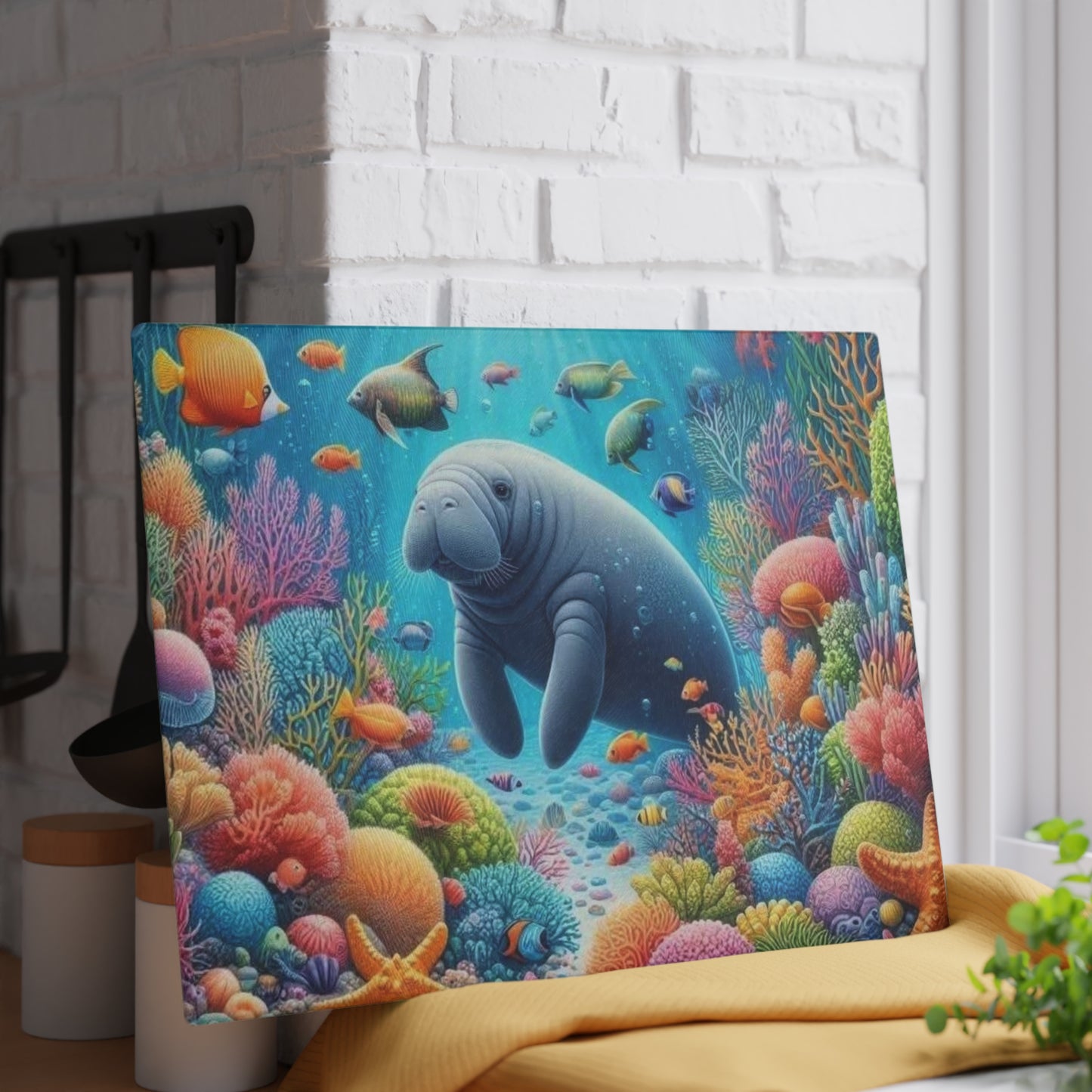Manatee Cutting Board Textured Glass Florida Spring Kitchen Decor Coastal Home Gift Beach Housewarming Manatee Lover Sea Life Art Nautical