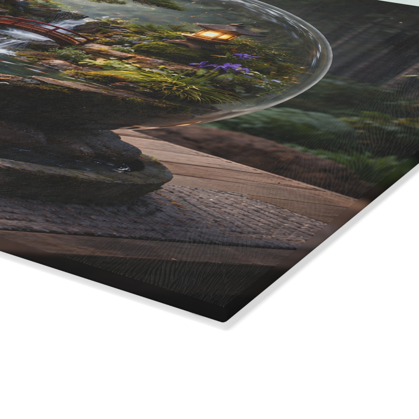 Zen Garden Waterfall Globe Glass Cutting Board – Tranquil Japanese-Inspired Nature Art