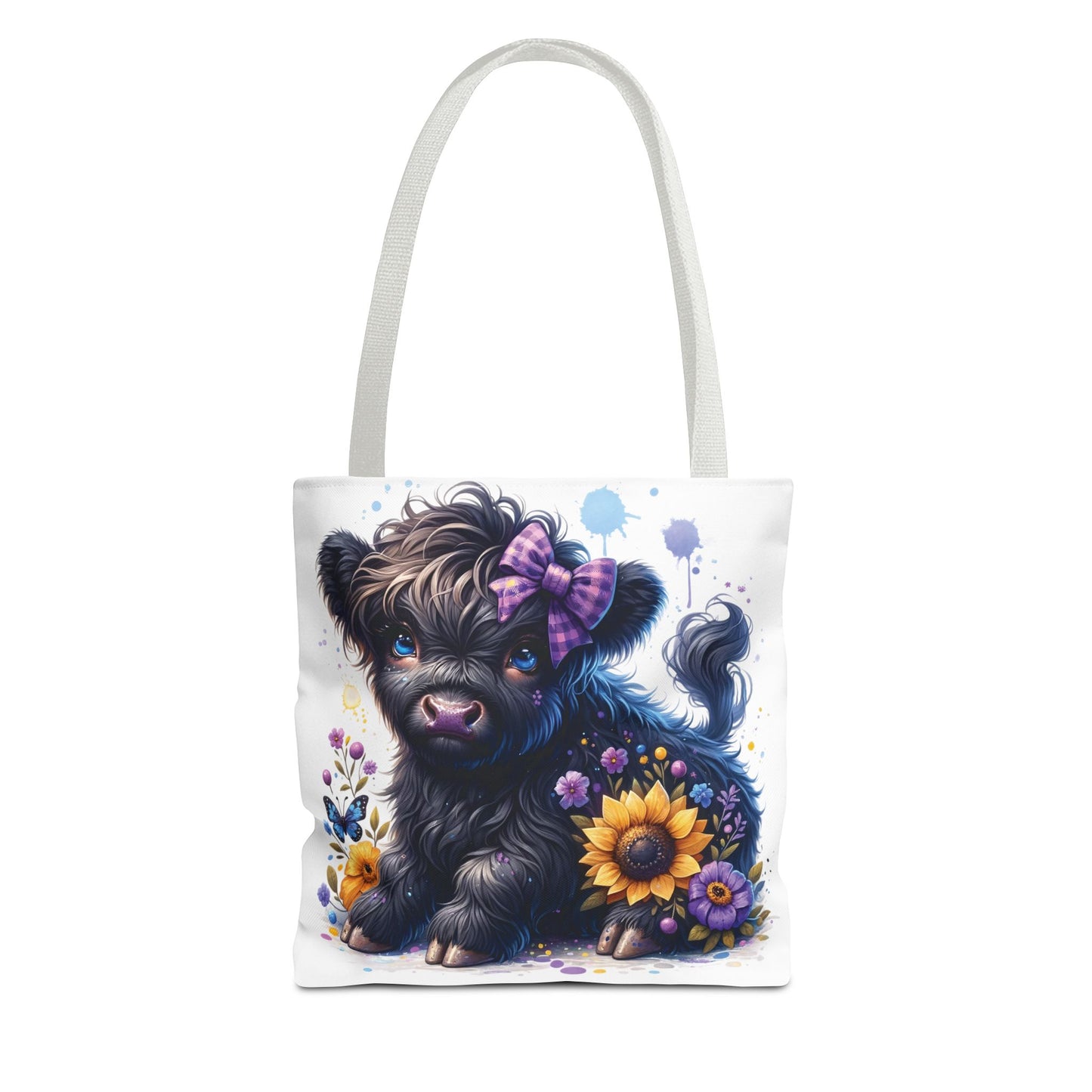 💜 Purple Bow Black Highland Calf Tote Bag – Country Charm with a Pop of Color 🐮👜