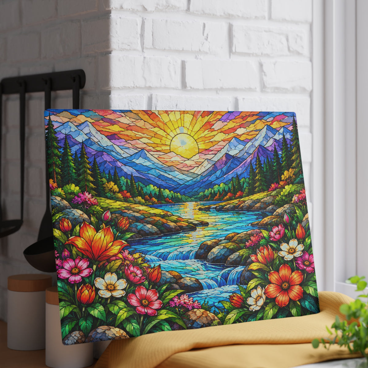 Stained-Glass-Inspired Mountain Sunset Cutting Board – Colorful Wildflowers, Alpine Lake & Waterfall Kitchen Décor