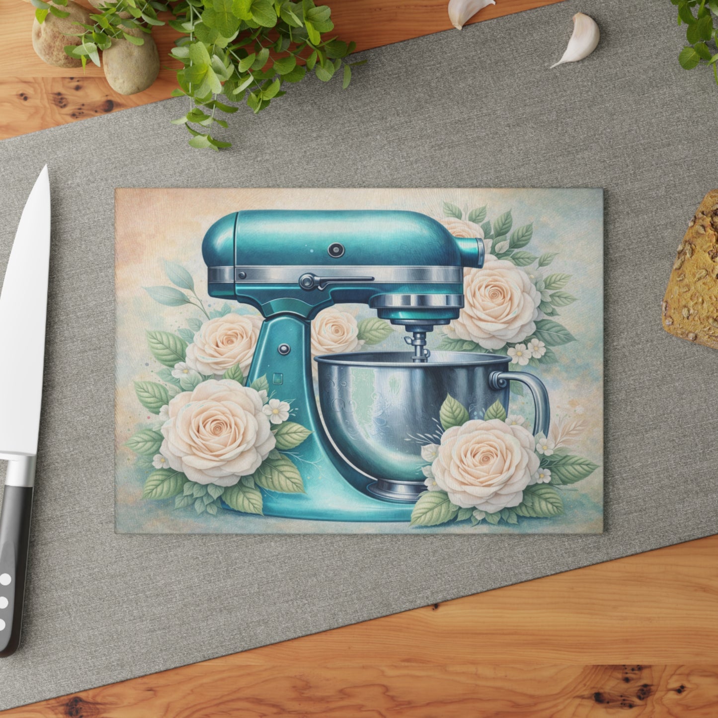 Teal Kitchen Mixer Glass Cutting Board – Elegant Farmhouse Kitchen Decor