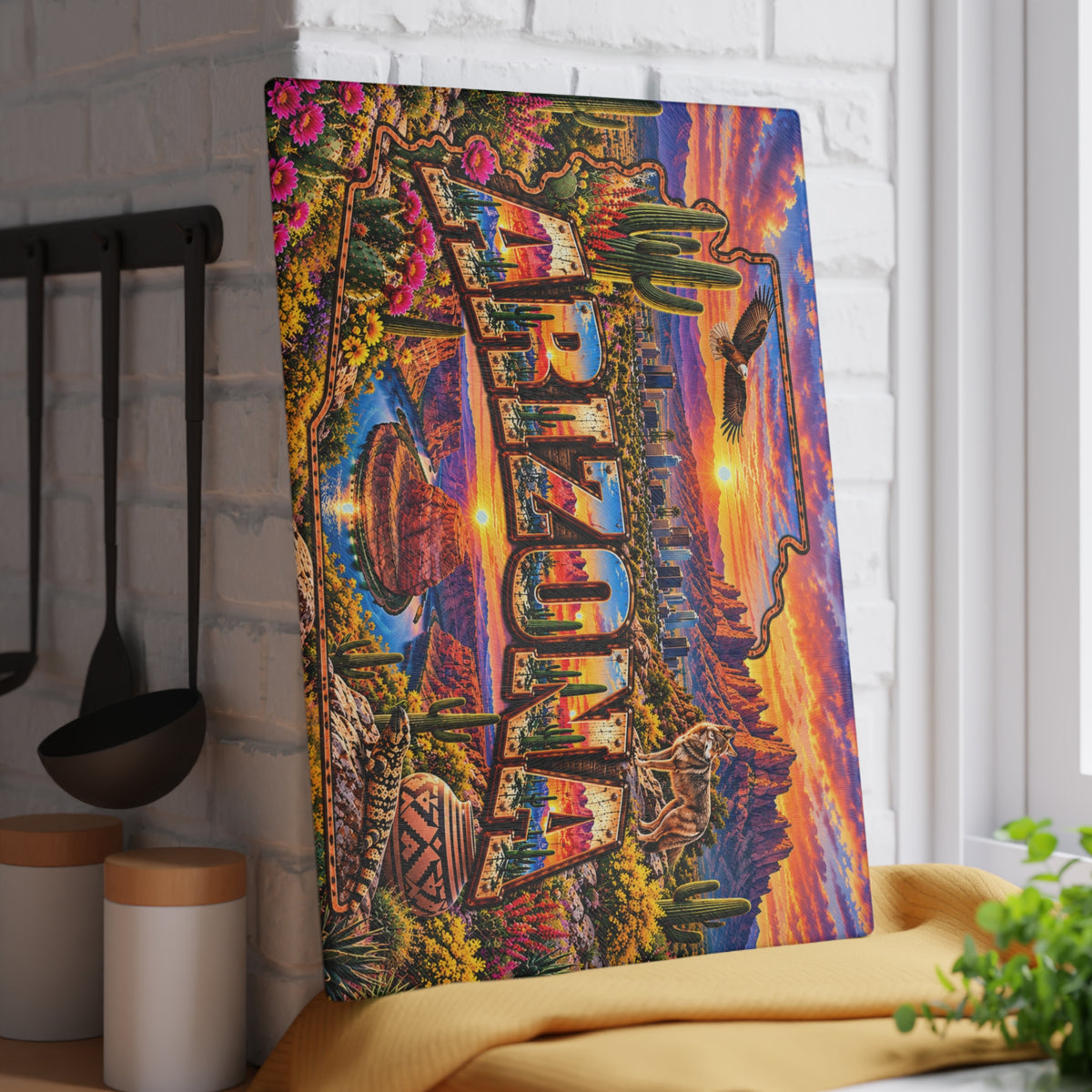Arizona Glass Cutting Board – Arizona State Map, Grand Canyon, Saguaro Cactus, Desert Wildlife & Sunset Kitchen Décor