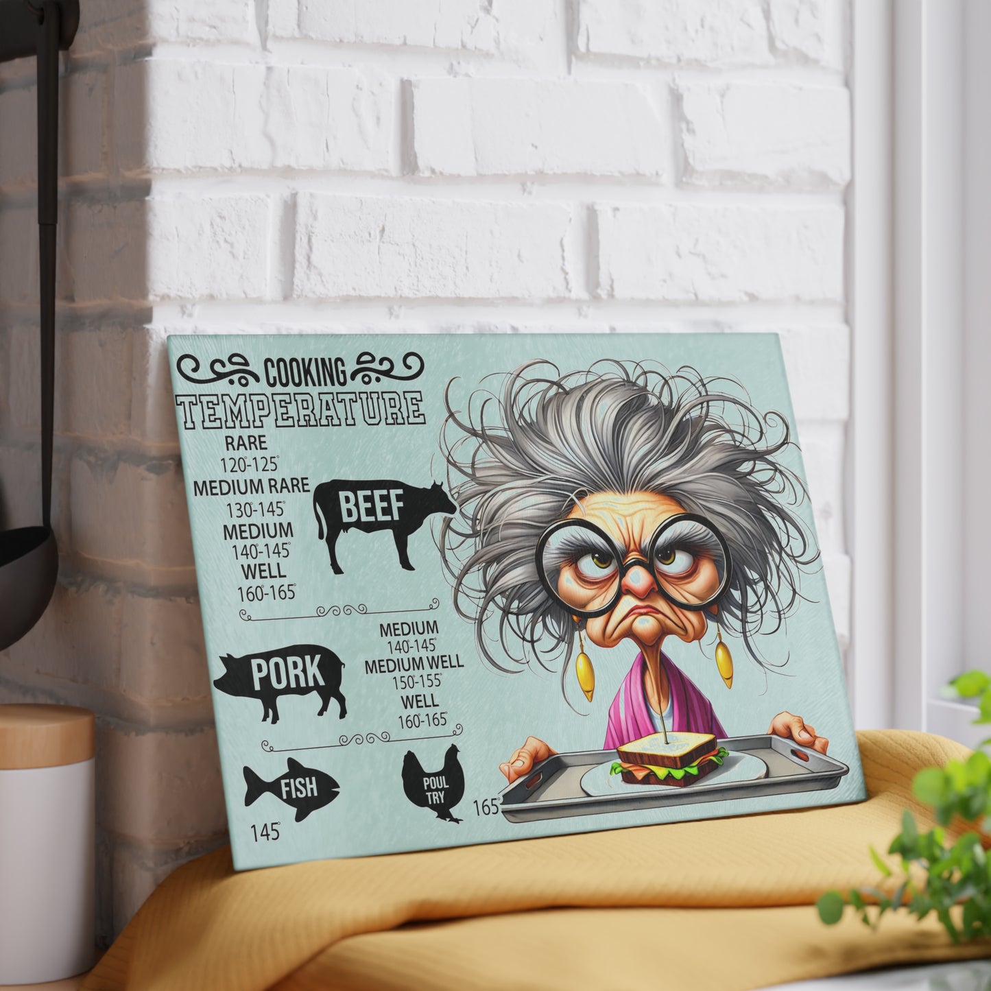 Guía de temperatura de cocina de la abuela gruñona Tabla de cortar: un artículo esencial de cocina divertido