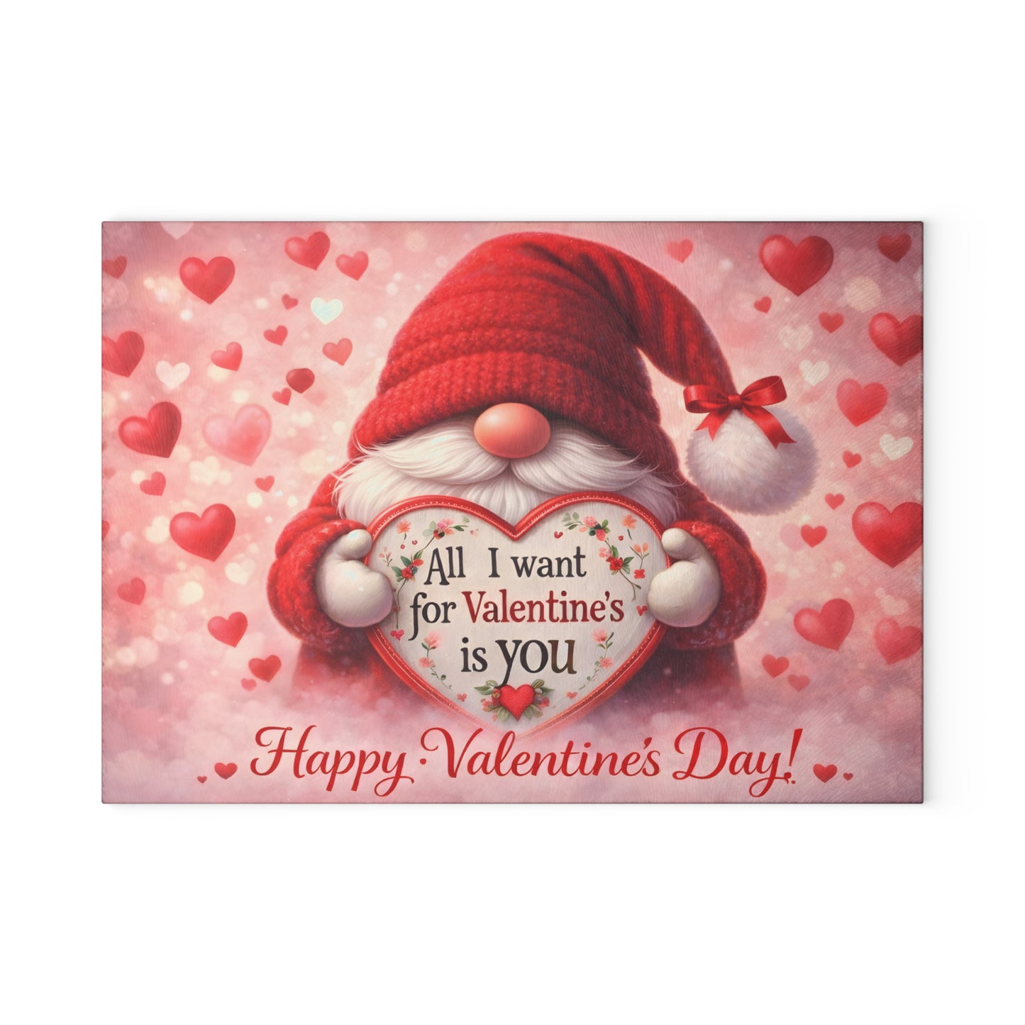 Valentine Gnome Glass Cutting Board – Romantic Heart-Themed Kitchen Décor