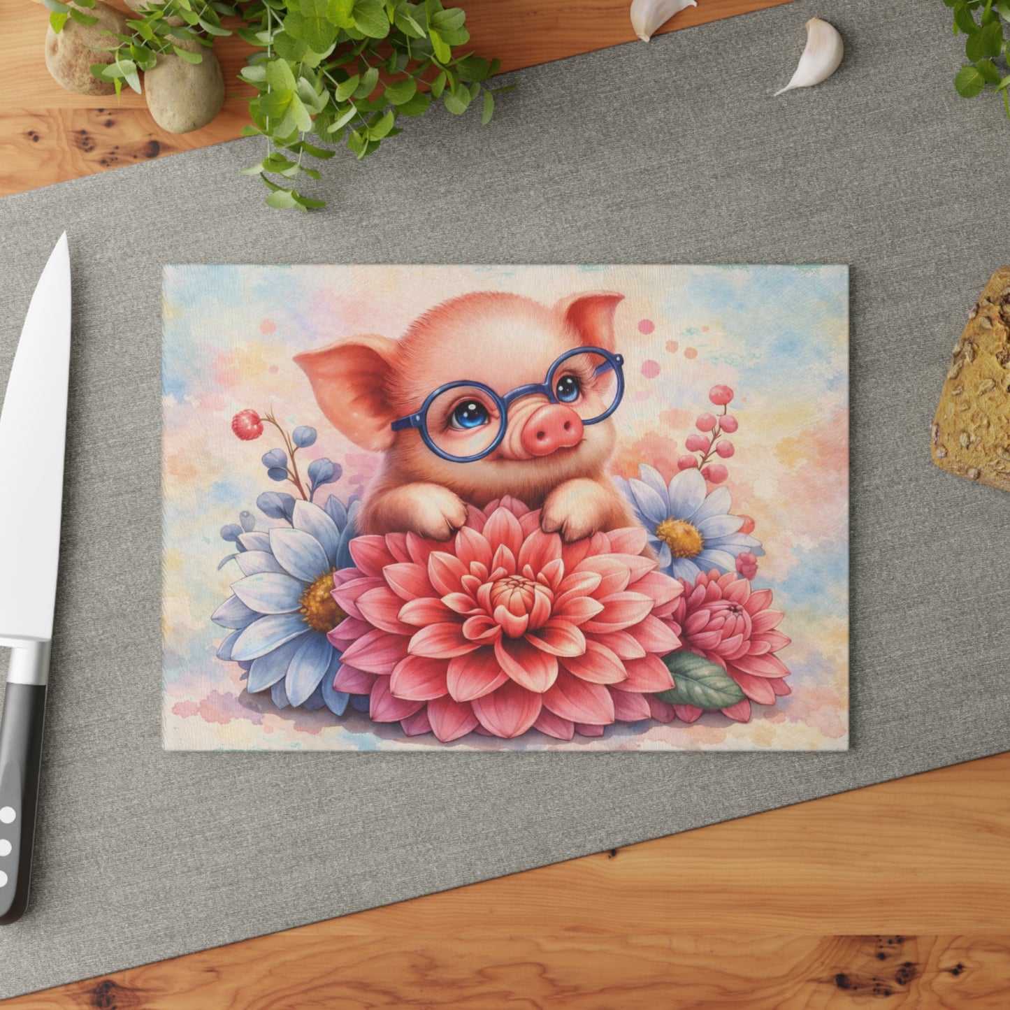 Smart Piglet with Flowers Glass Cutting Board – Farmhouse Kitchen Decor