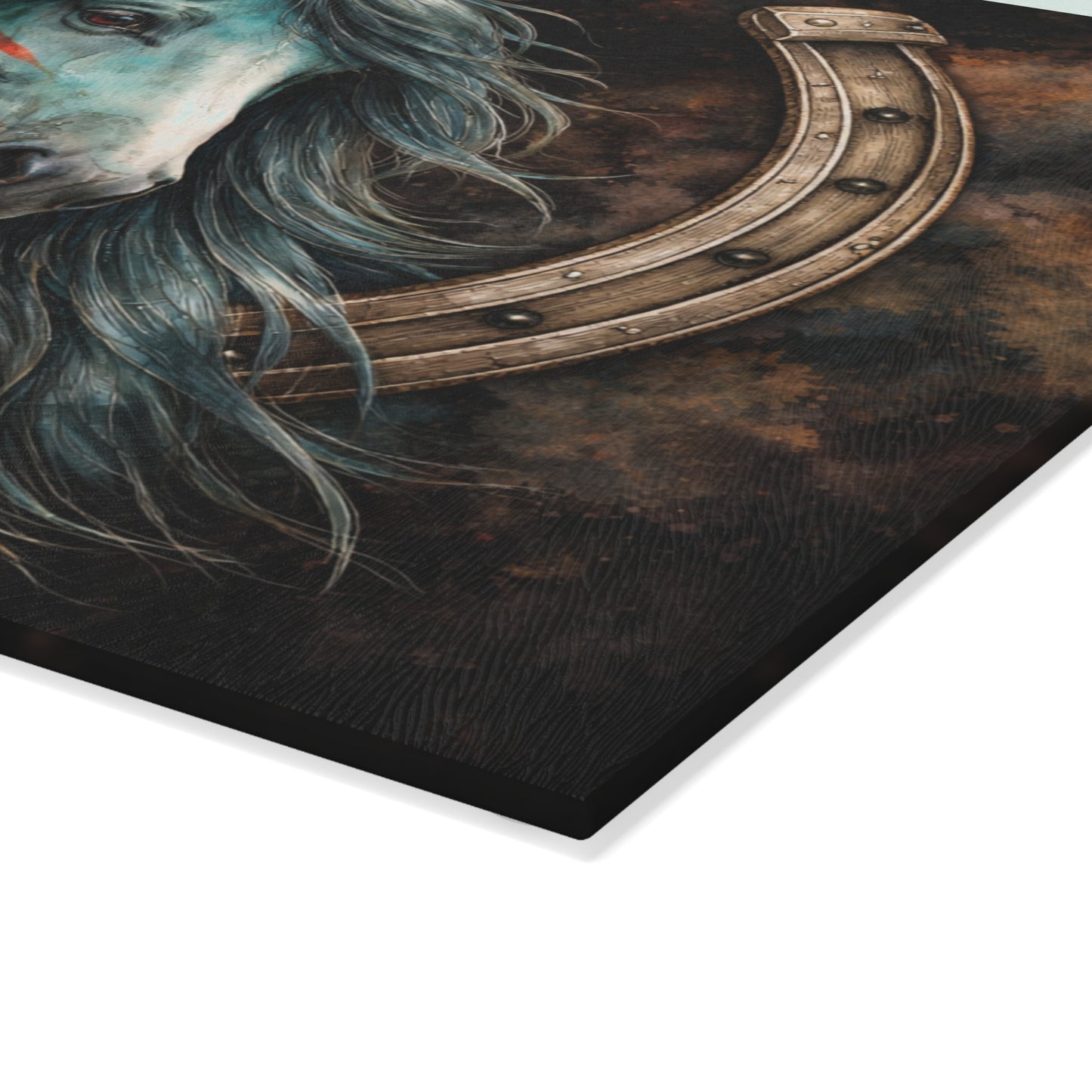 Spirit Horse Horseshoe Glass Cutting Board – Western Equine Art with Rustic Strength
