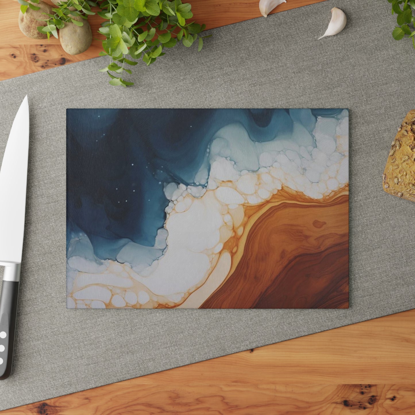Tabla de cortar de vidrio templado con efecto mármol, imitación madera, azul verdoso y blanco: cocina rústica de estilo elegante