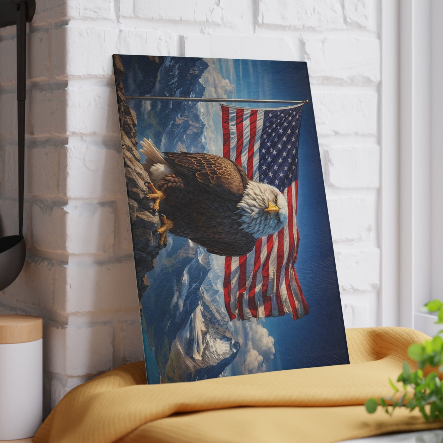 American Eagle Mountain Glass Cutting Board – Patriotic Bald Eagle Landscape Kitchen Art & Display Board