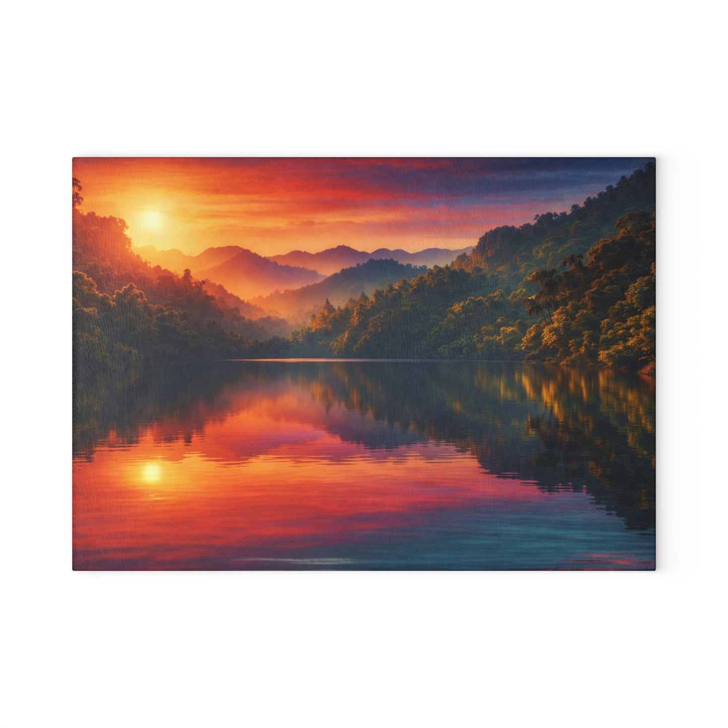 Sunset Mountain Lake Glass Cutting Board – Peaceful Nature Landscape Kitchen Art