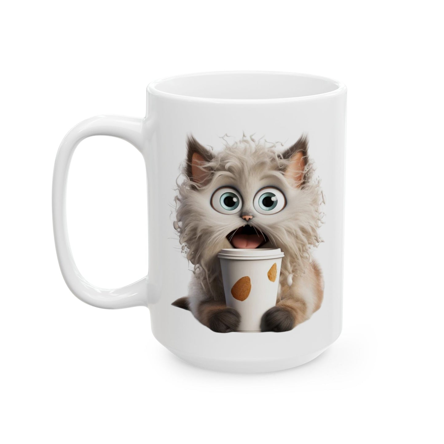 Fluffy Cat Coffee Mug – Funny Surprised Cat Holding a Coffee Cup – Personalized