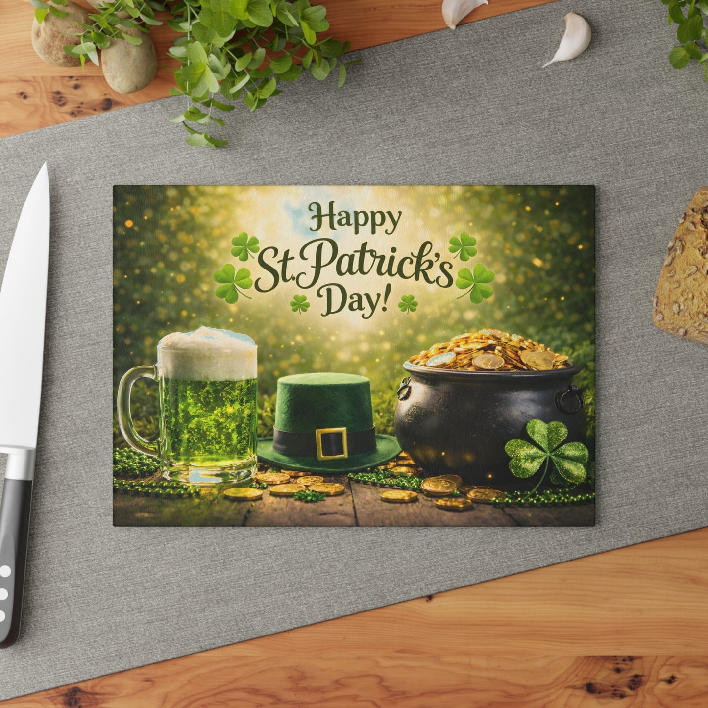 Happy St. Patrick’s Day Glass Cutting Board – Festive Irish Kitchen Decor