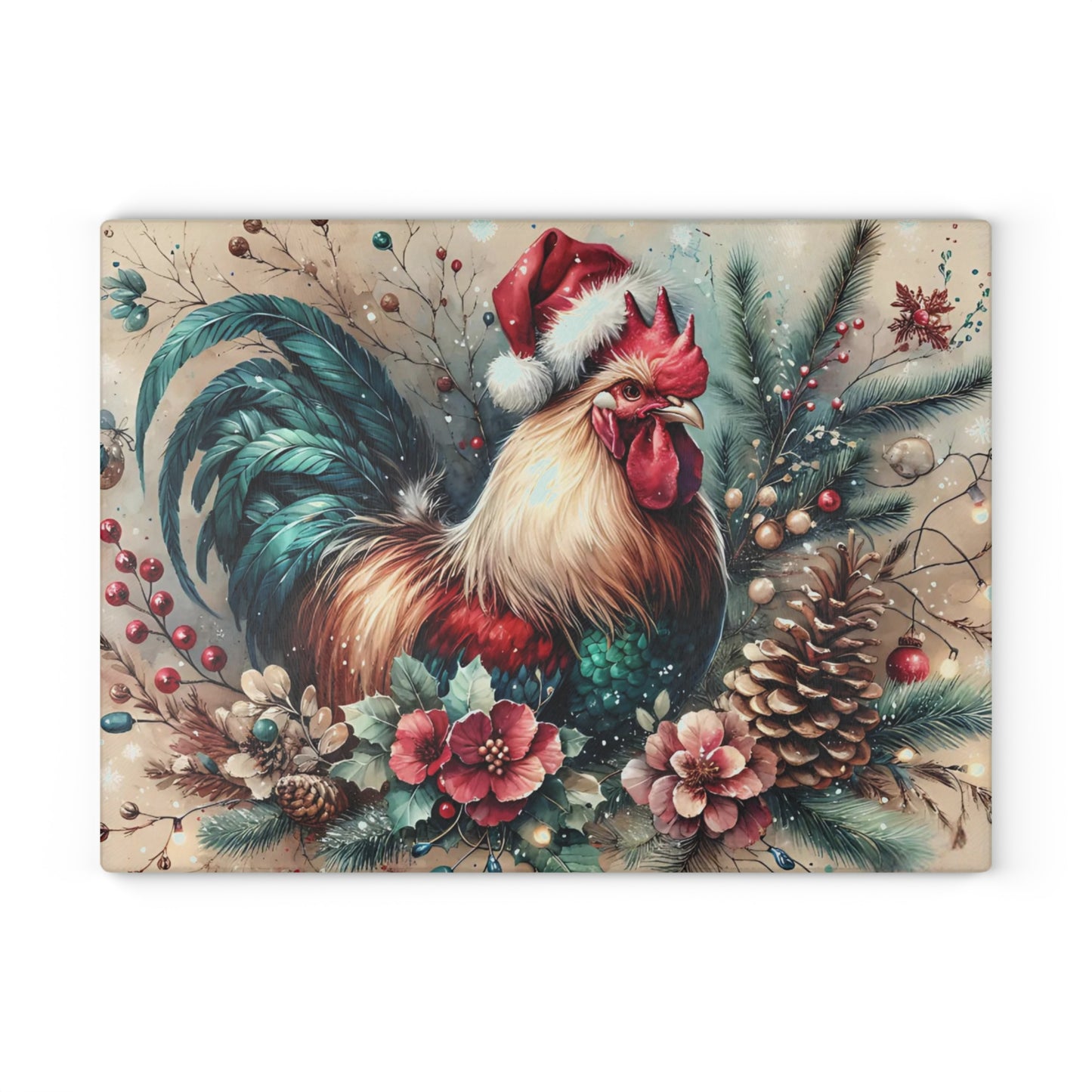 🐓🎄 “Holiday Rooster” Tempered Glass Board – Festive Farmhouse Cheer for Your Kitchen