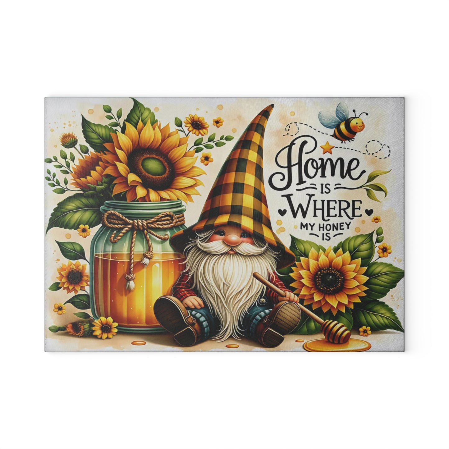 🐝🌻 “Sunny Honey Gnome” Glass Cutting Board – Warm Country Charm for Your Kitchen