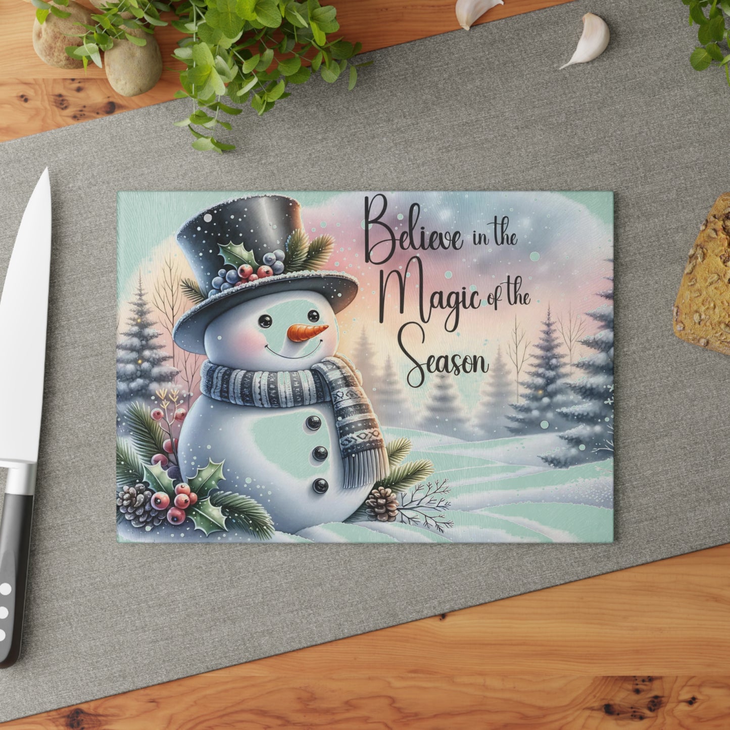 ⛄️✨ “Believe in the Magic of the Season” Glass Cutting Board – Cozy Charm for Your Kitchen