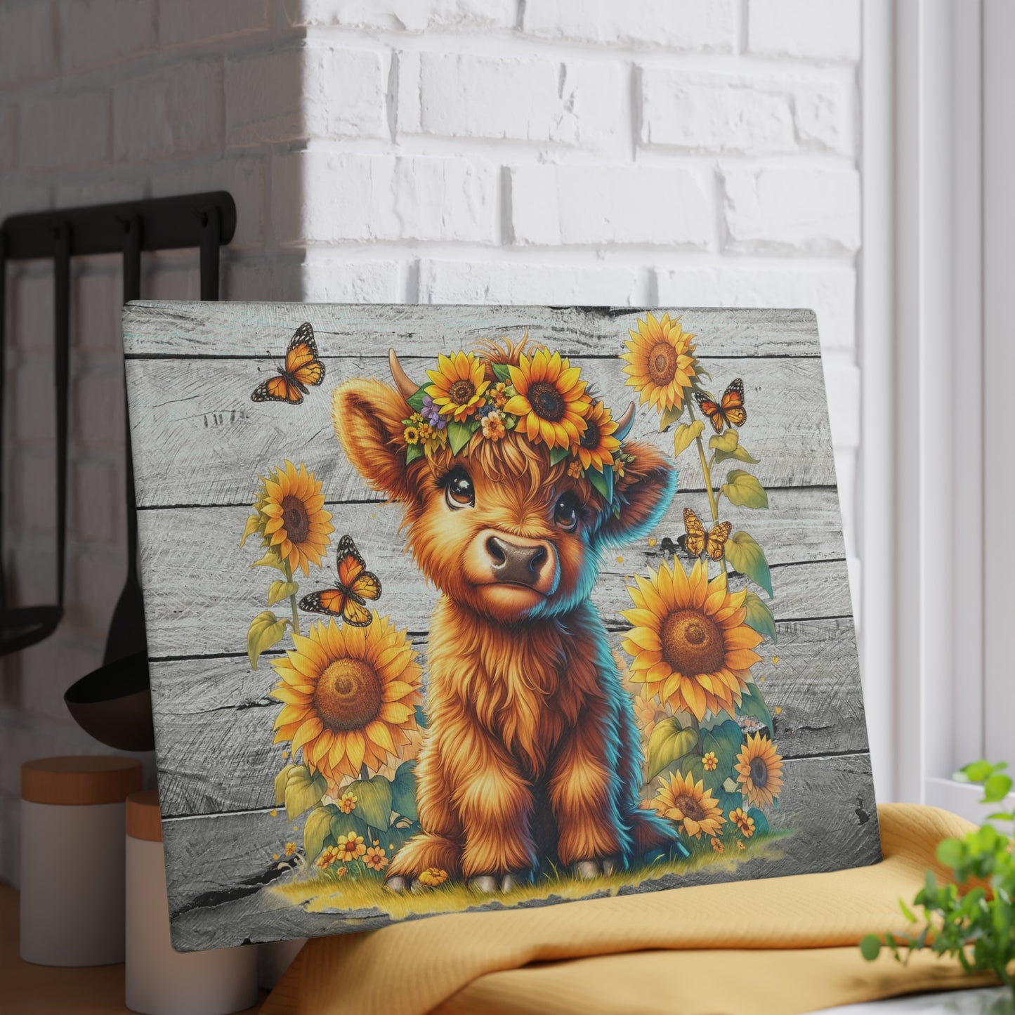 Highland Cow with Sunflowers & Butterflies – Rustic Floral Glass Cutting Board