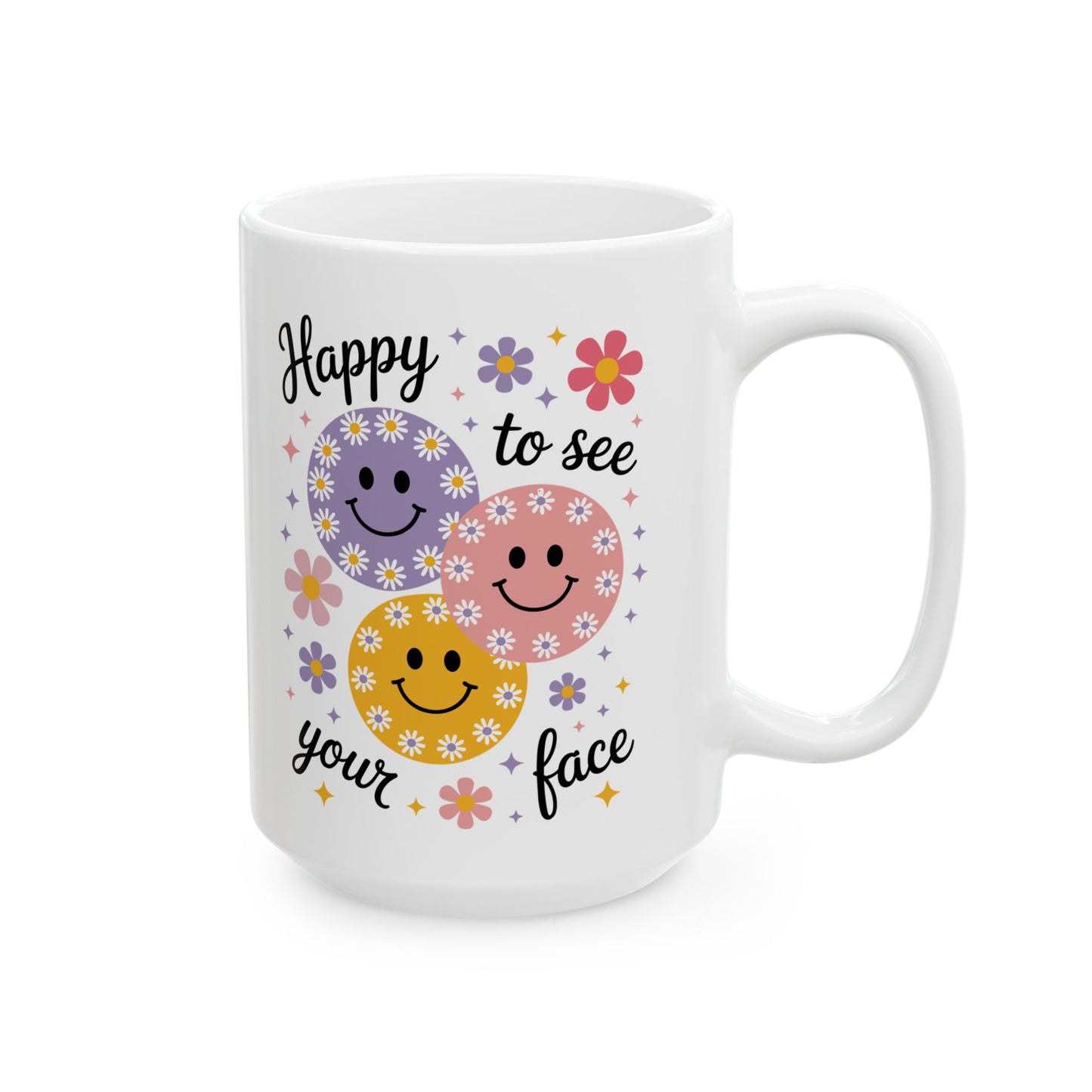 🌸😊 Happy to See Your Face Mug – Retro Smiley Flower Coffee Cup ☕🌼