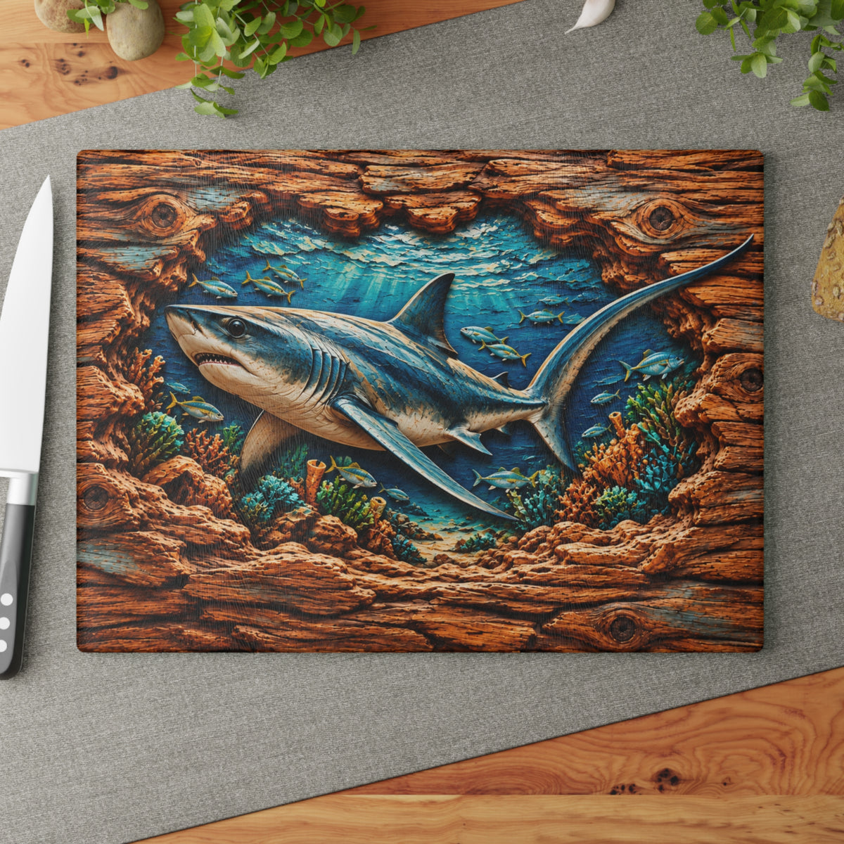 Thresher Shark Glass Cutting Board – Ocean Predator, Tropical Fish, Coral Reef & 3D Carved Wood Look