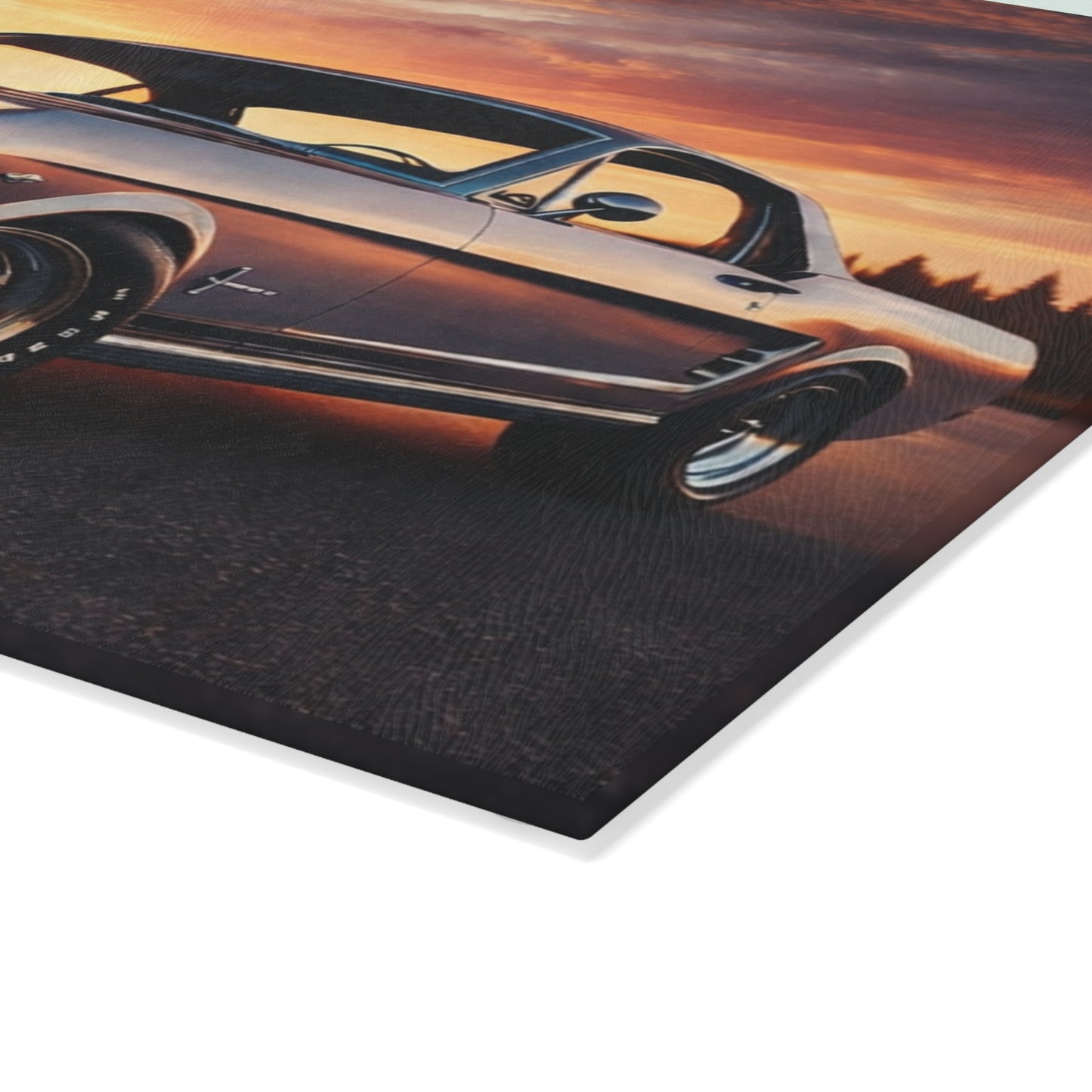 Classic Muscle Car Sunset Glass Cutting Board – Vintage American Auto Kitchen Art & Display Board