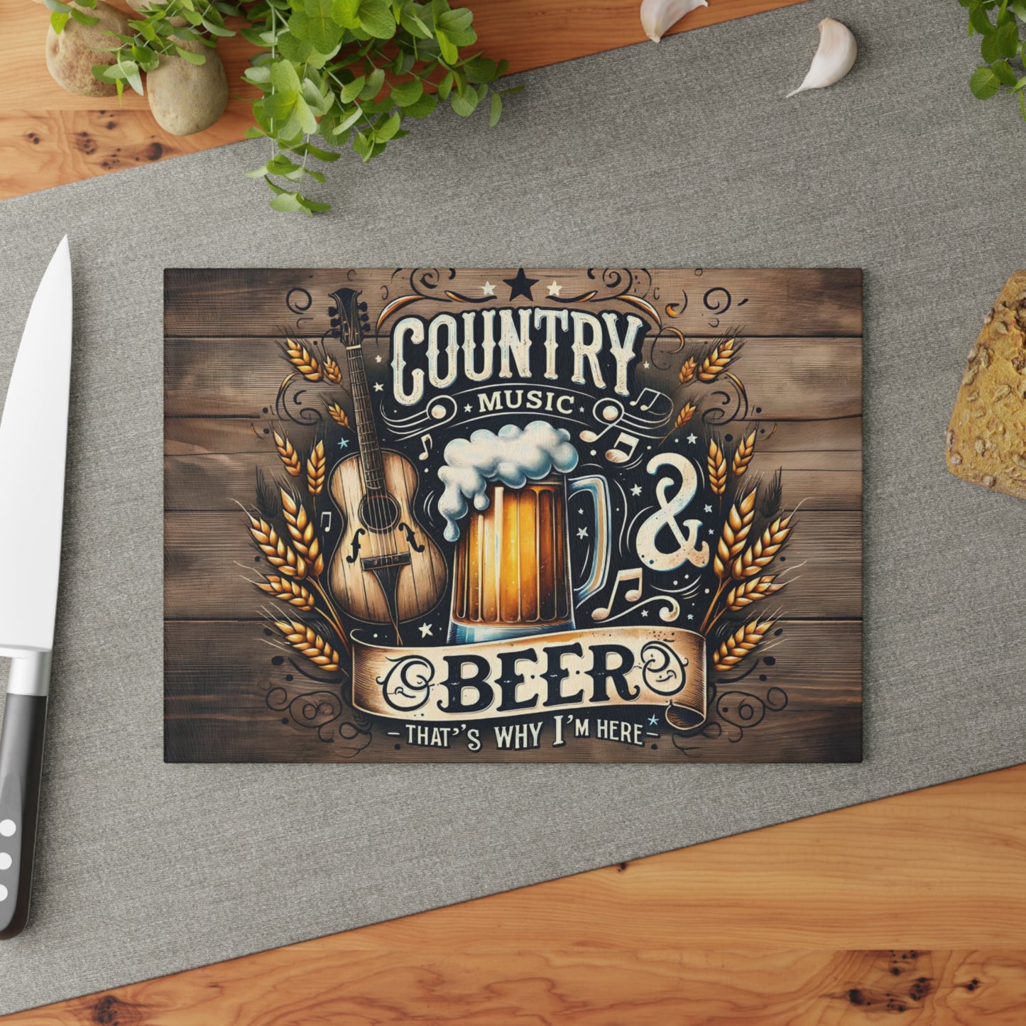 🍺🎸 Country Music & Beer Cutting Board – Rustic Pub Vibes for Kitchen & Bar 🌾🎶
