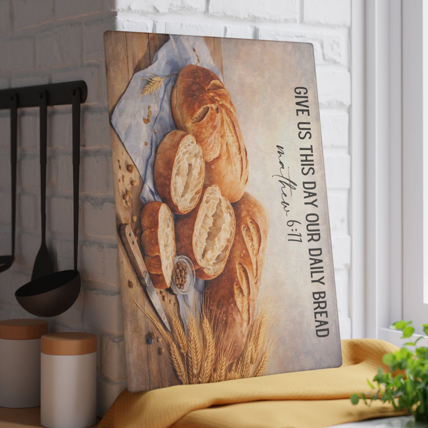 Give Us This Day Our Daily Bread Glass Cutting Board – Matthew 6:11 Faith-Inspired Kitchen Art