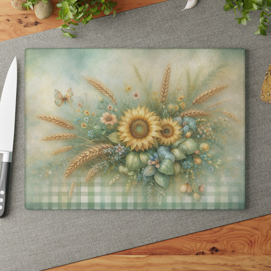 Sunflower and Wheat Garden Glass Cutting Board – Rustic Farmhouse Floral Kitchen Decor