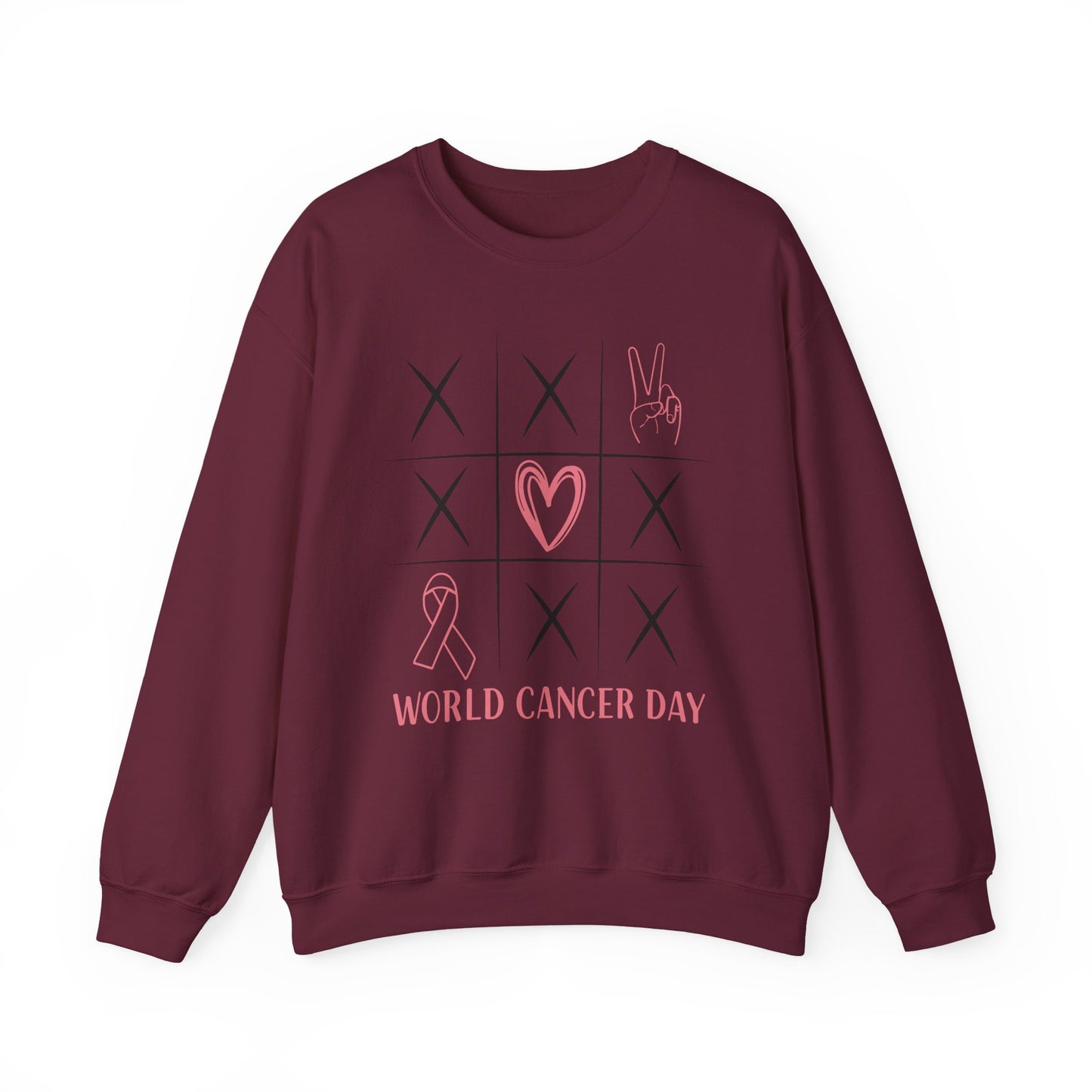 🌍🎗️ World Cancer Day Sweatshirt – Awareness Tic-Tac-Toe Heart & Ribbon