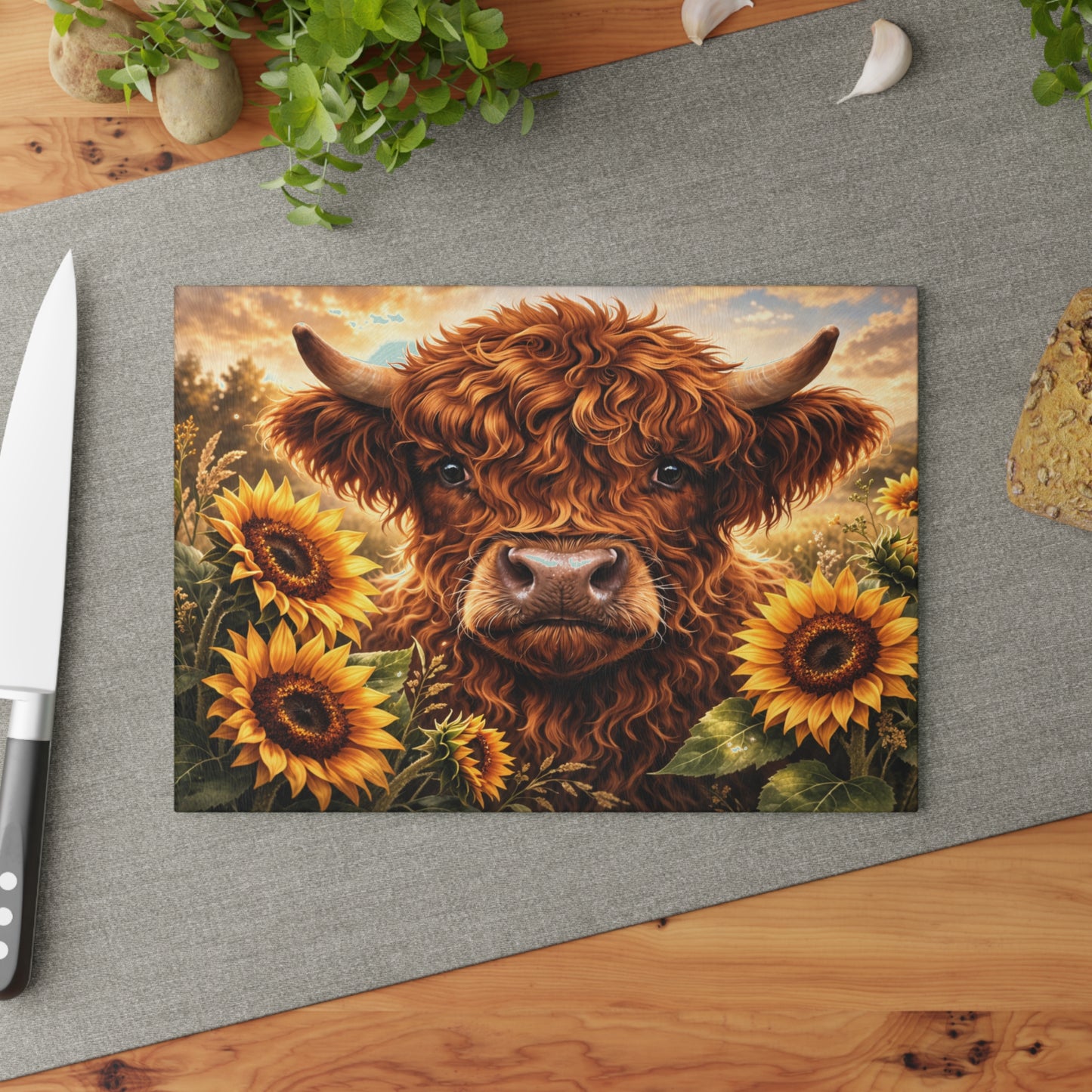 Sunflower Meadow Highland Cow Glass Cutting Board – Warm Farmhouse Floral Art with Country Charm