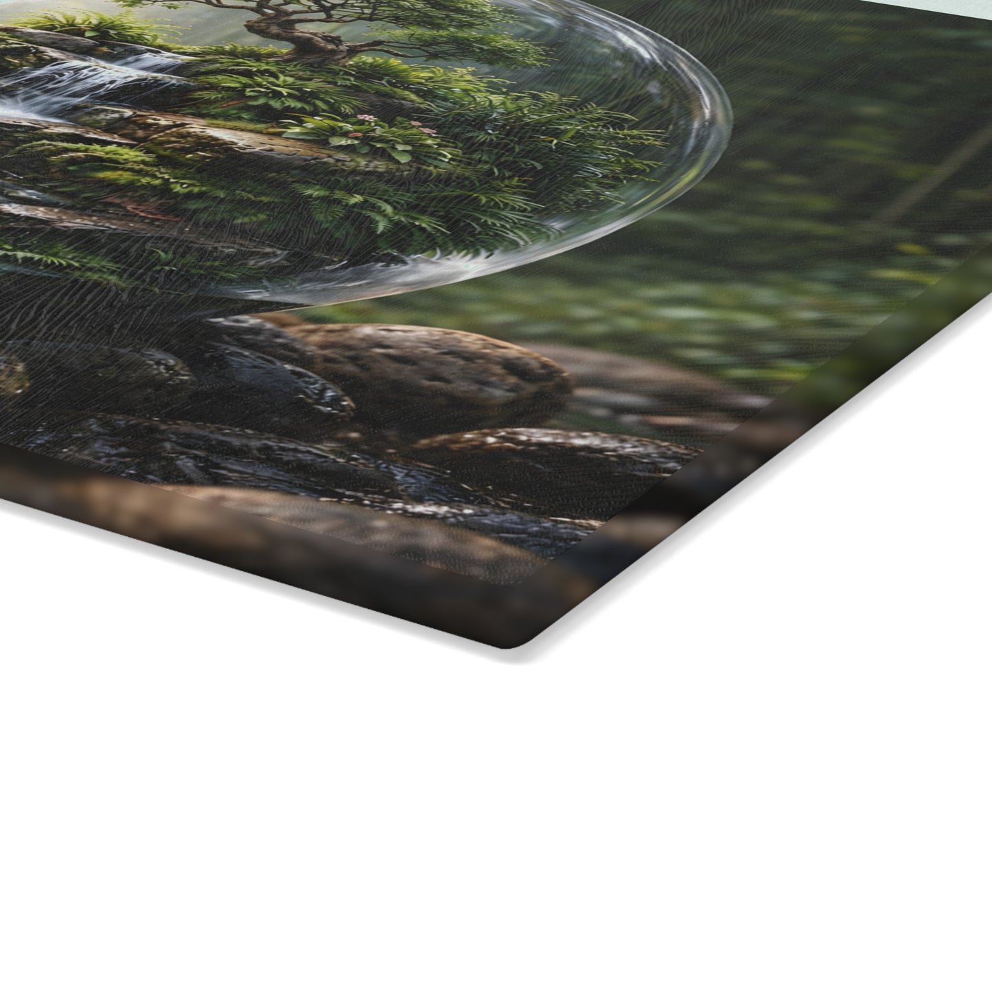 Enchanted Forest Waterfall Terrarium Glass Cutting Board – Nature-Inspired Zen Kitchen Art