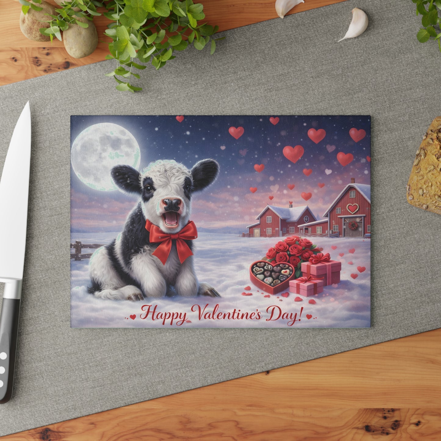Valentine Calf Moonlight Farm Glass Cutting Board – Cozy Winter Farm Love Scene Kitchen Accent