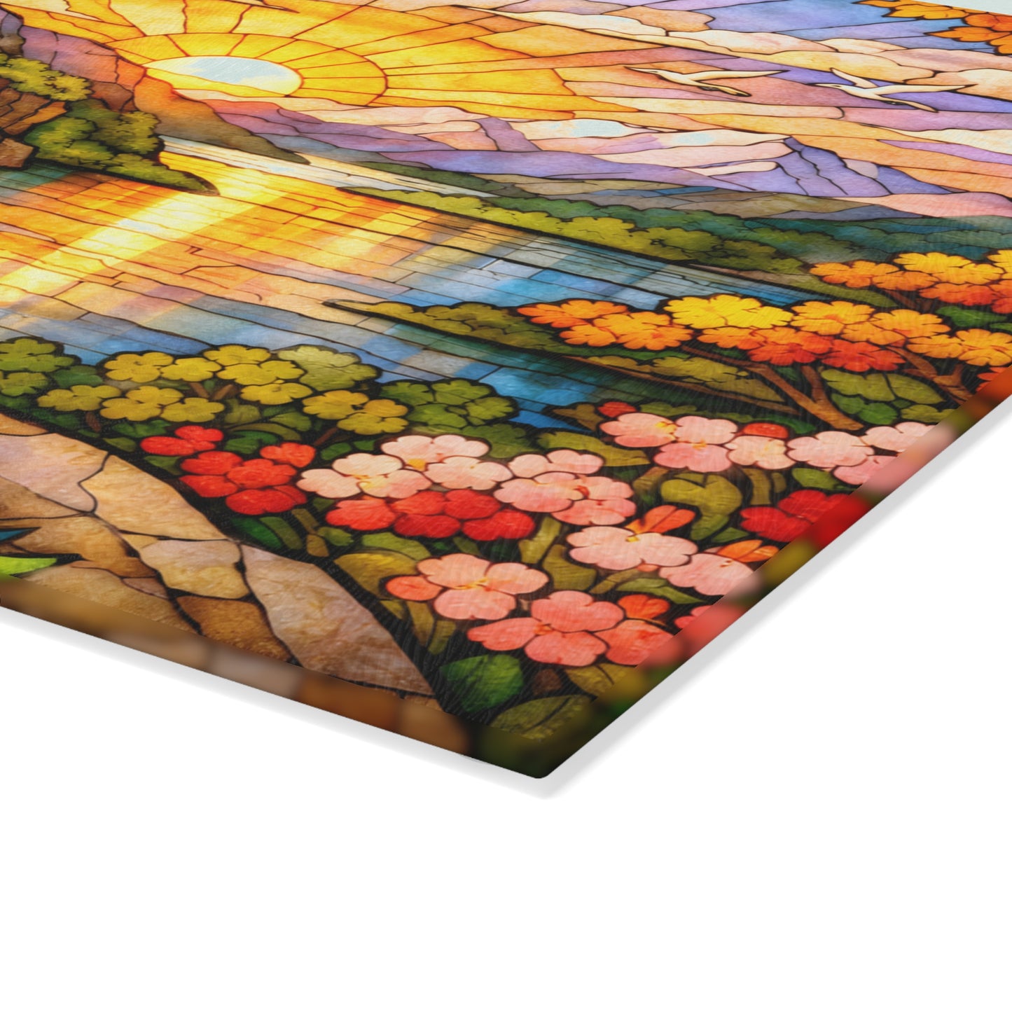 Stained Glass Style Peacock Landscape Glass Cutting Board – Colorful Nature Art Kitchen Decor