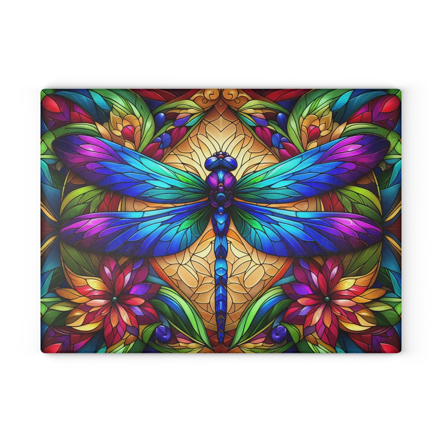 Stained Glass Dragonfly Glass Cutting Board – Colorful Botanical Art Kitchen Display